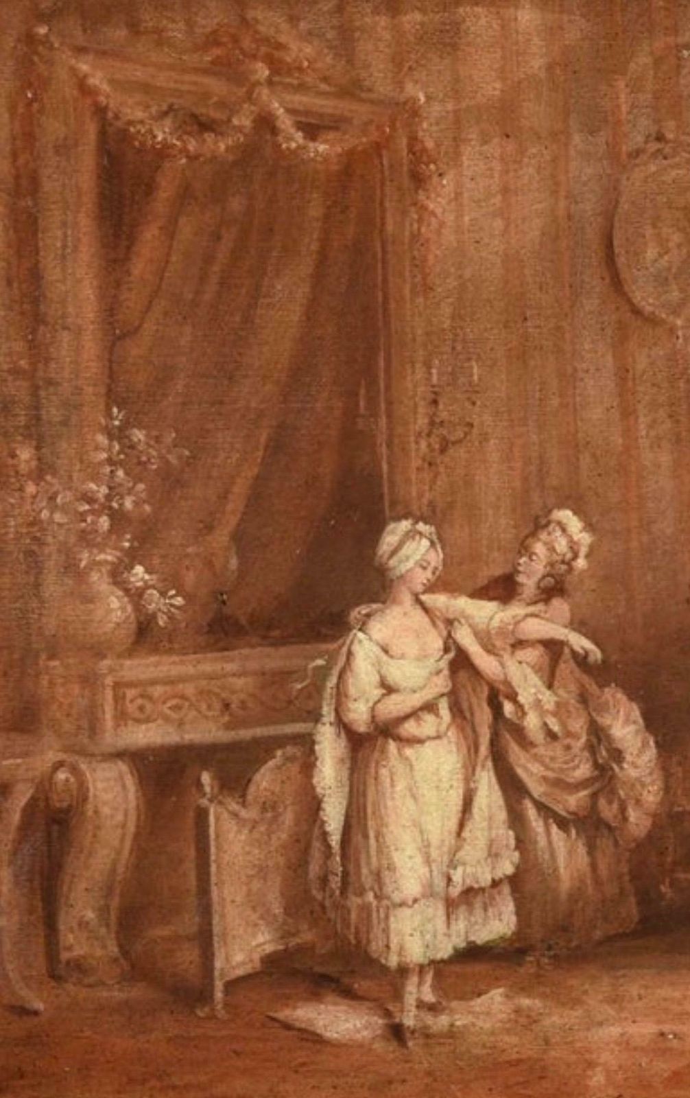 Fine Early 1700's French Oil Elegant Figures Lady Being Dressed Rococo Interiorc. 1720's photo furniture