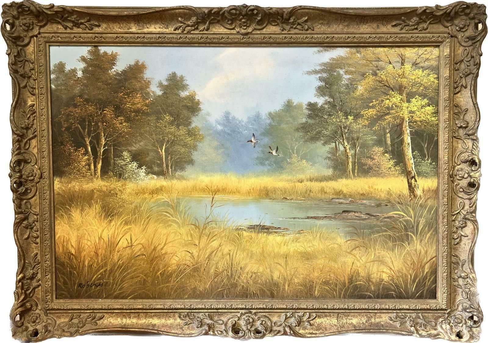 European Artistlarge Traditional Signed Oil Painting Gilt Swept Frame Ducks In Flight Over Pond photo furniture