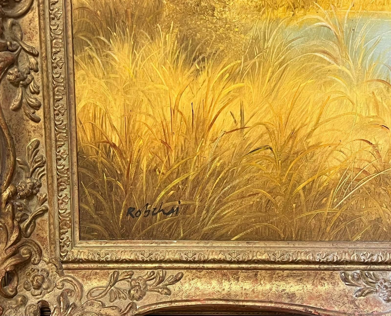 European Artistlarge Traditional Signed Oil Painting Gilt Swept Frame Ducks In Flight Over Pond photo for sale