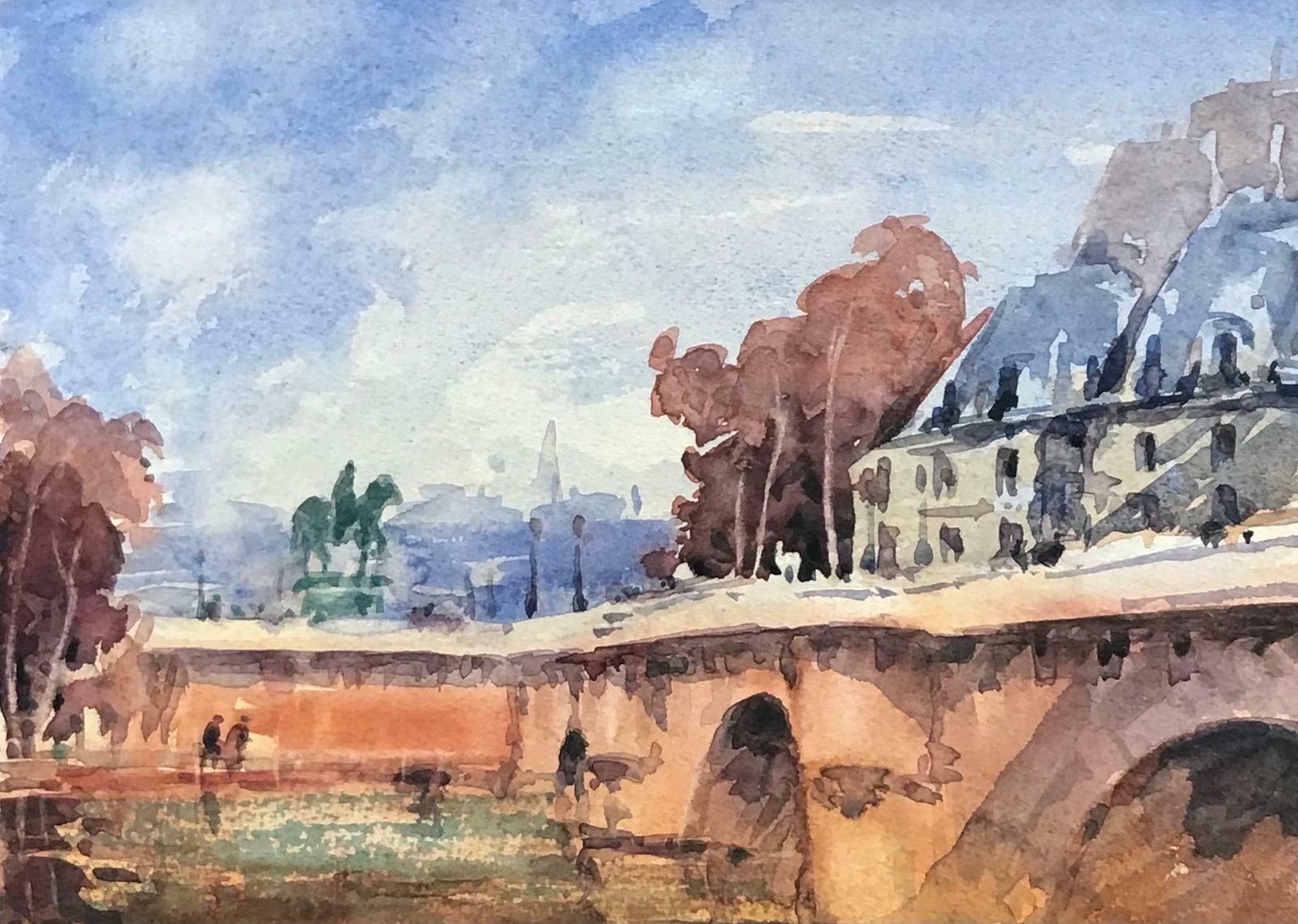 Maurice Mazeiliemaurice Mazeilie French Watercolour   Down By The River Seine Bridge Scene