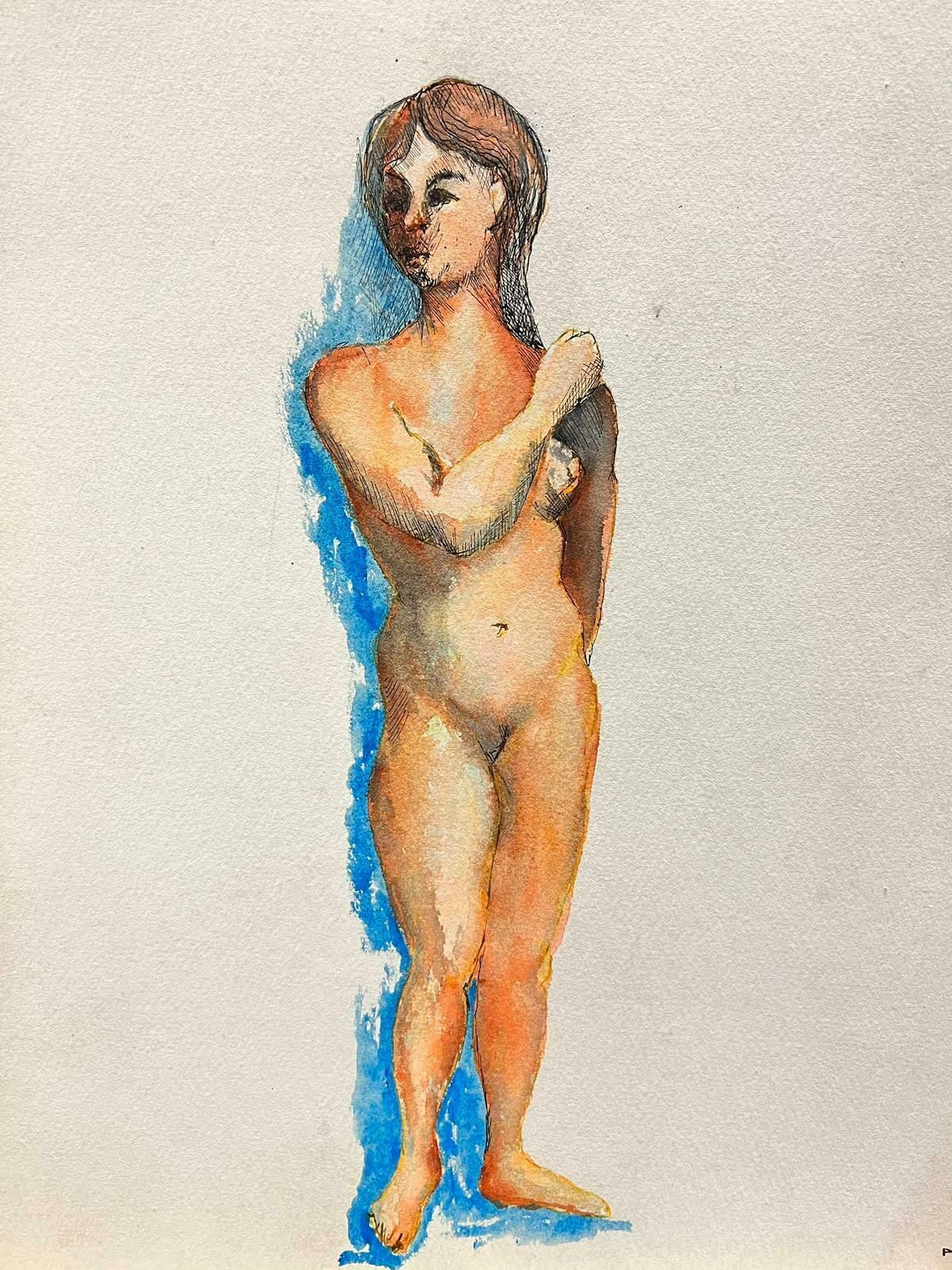 Bernard Labbe1950's Modernist/Cubist Painting Nude Female Portrait With Blue Shadow1950's