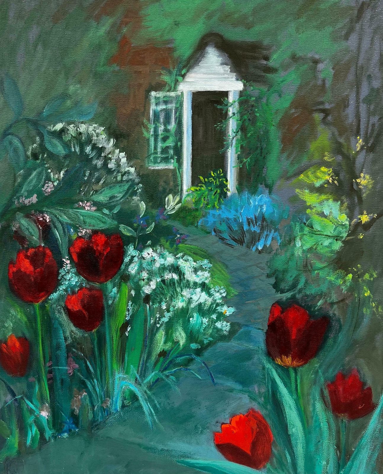 Kathleen Crowthe Red Tulip Path To The Secret Garden, Signed Original Painting