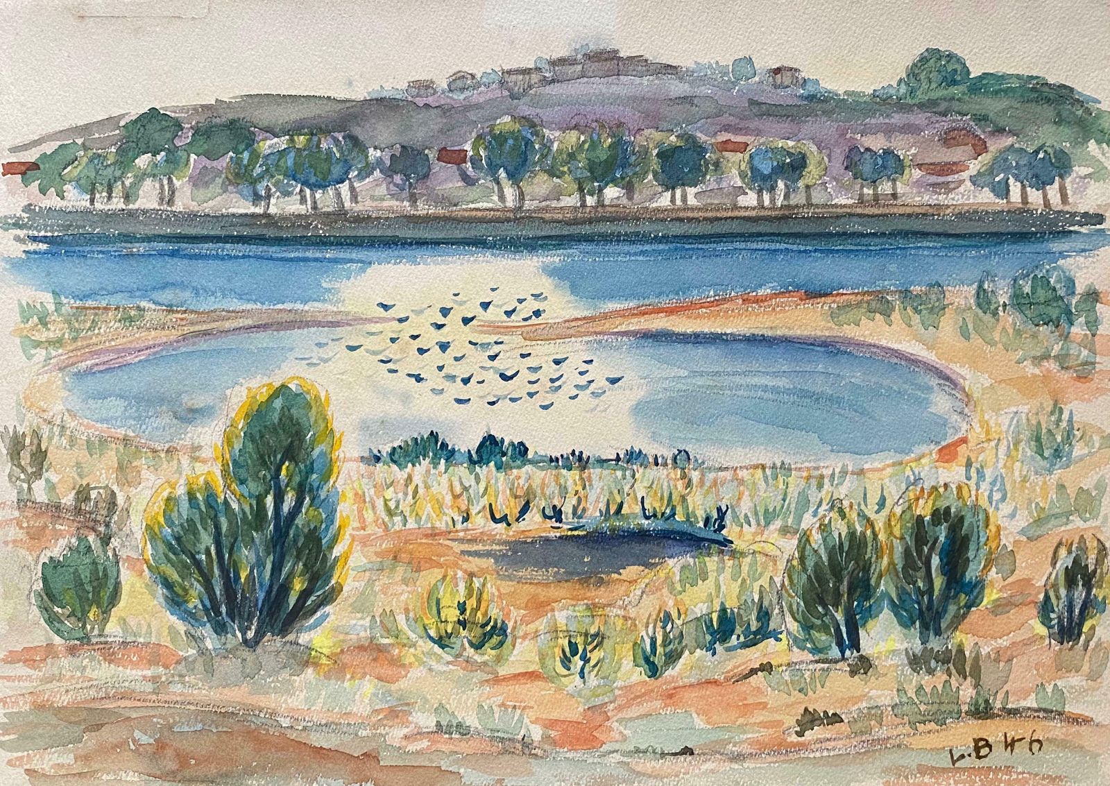 Louis Bellon1940's Provence Painting French Lake Landscape    Post Impressionist Artistc. 1940s