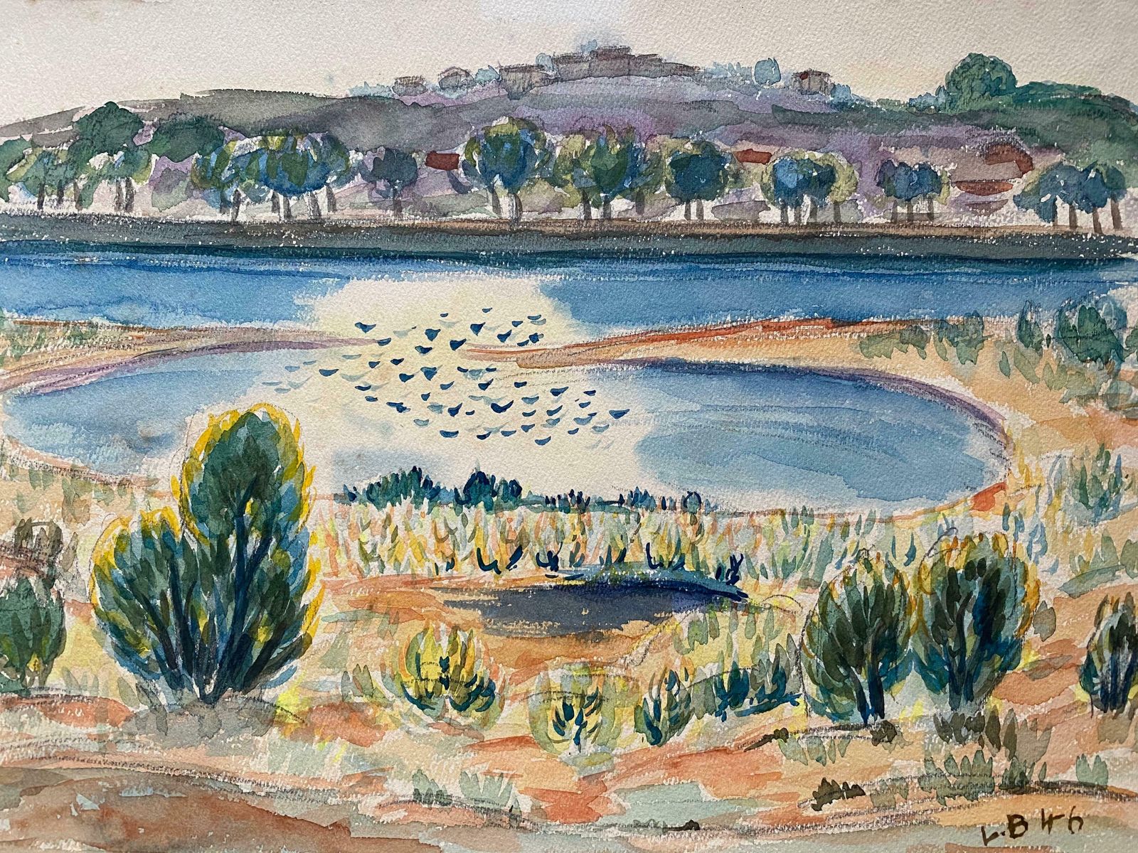 Louis Bellon1940's Provence Painting French Lake Landscape    Post Impressionist Artistc. 1940s photo furniture