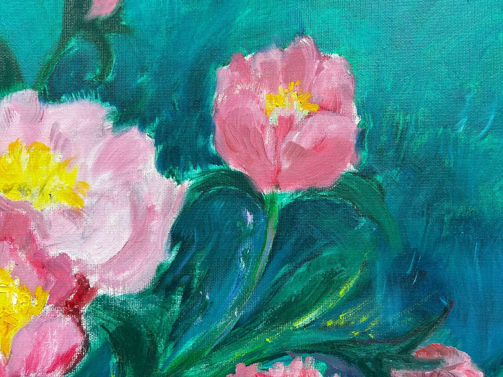 Kathleen Crowlarge British Contemporary Painting   Pink Flowers Against Blue Background photo 2043.0