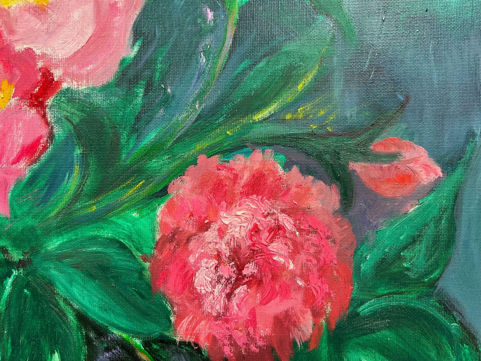 Kathleen Crowlarge British Contemporary Painting   Pink Flowers Against Blue Background photo vinterior