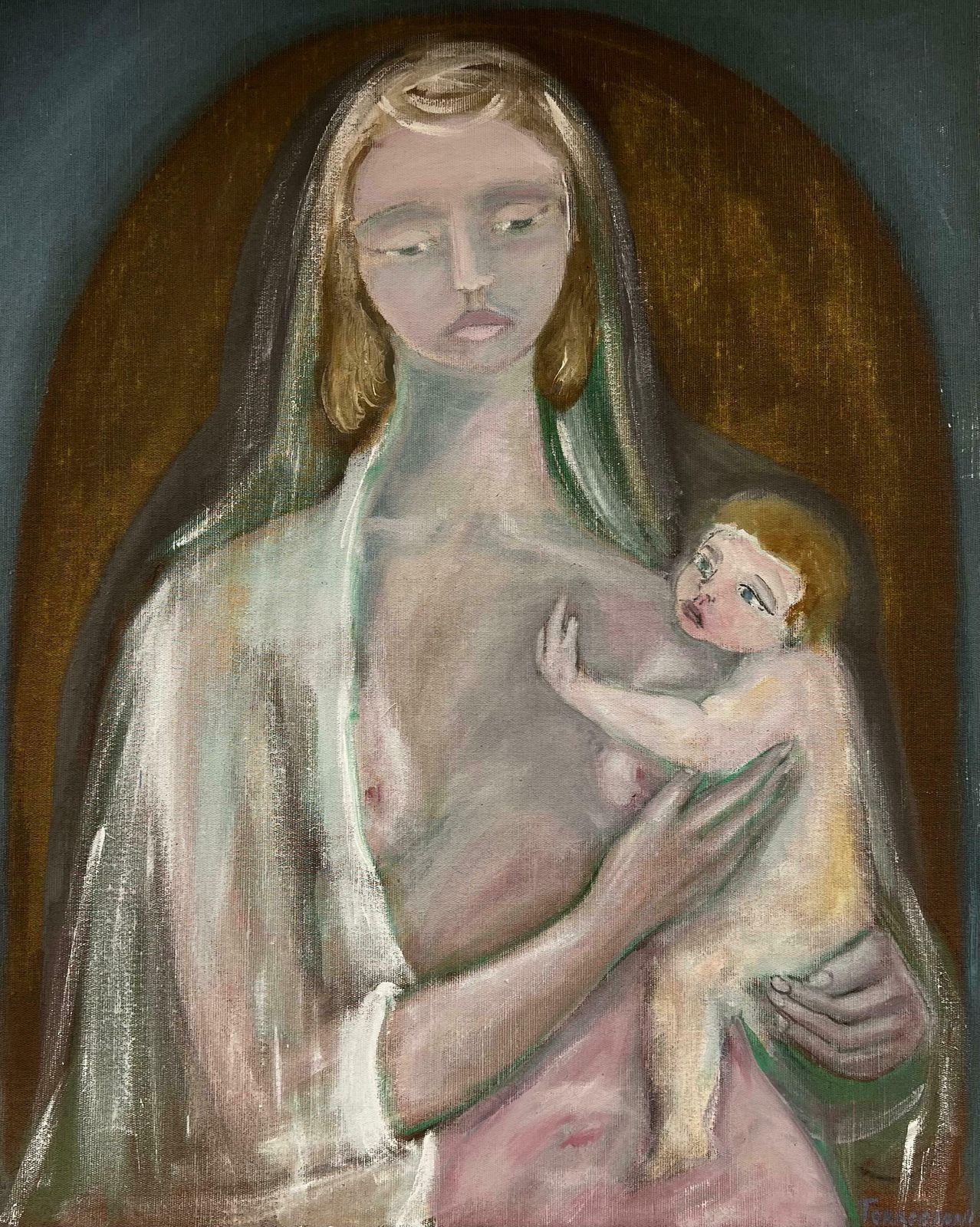 Italian Modernist 20th Clarge 1960's Italian Modernist Signed Oil Mother & Infant Child Tender Embrace