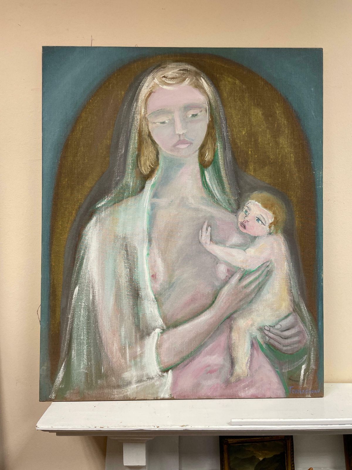 Italian Modernist 20th Clarge 1960's Italian Modernist Signed Oil Mother & Infant Child Tender Embrace photo furniture
