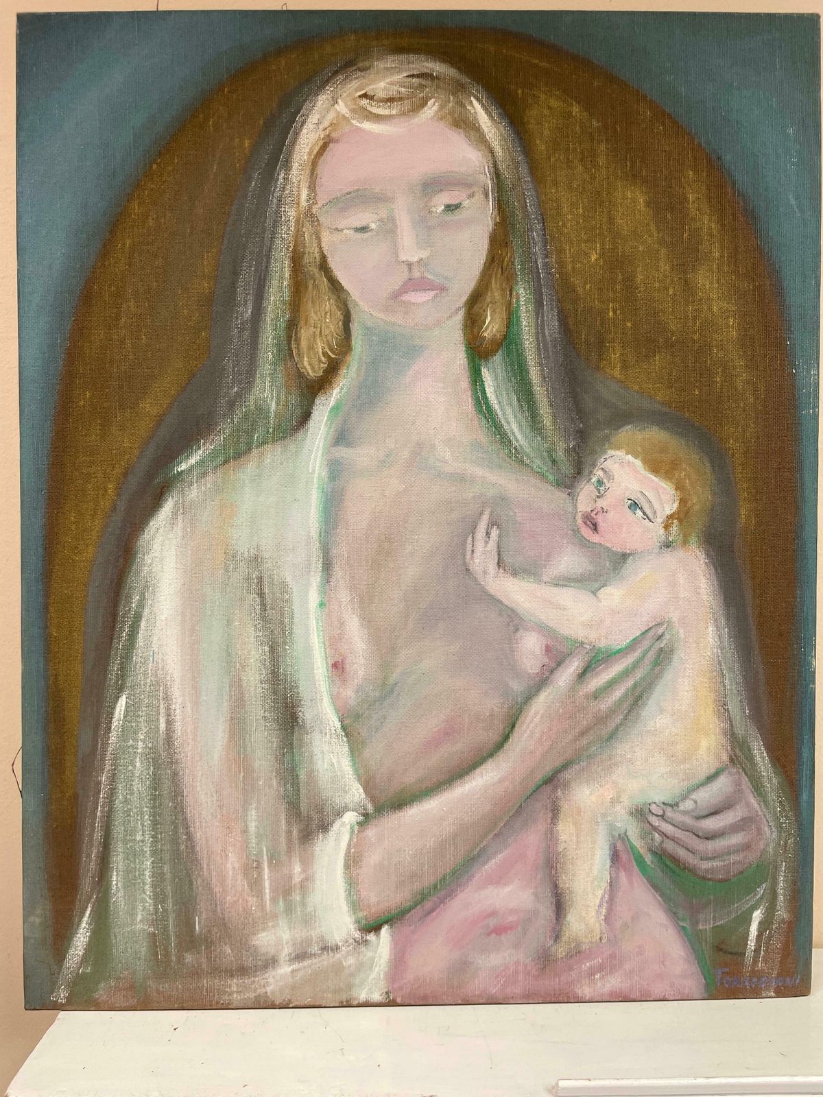 Italian Modernist 20th Clarge 1960's Italian Modernist Signed Oil Mother & Infant Child Tender Embrace photo for sale
