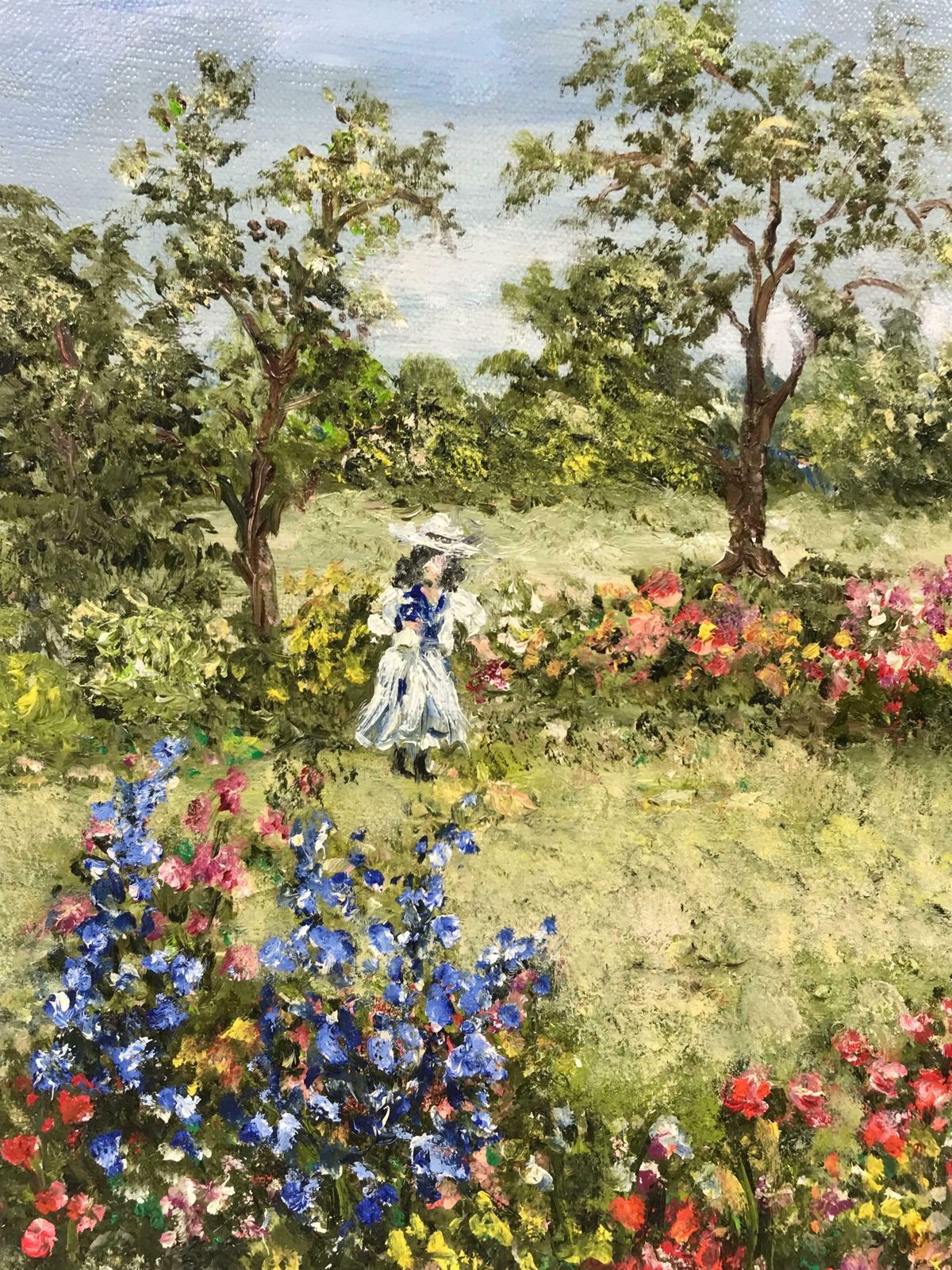 French Impressionistfrench Impressionist Signed Oil, Girl Picking Flowers In Meadows photo Art