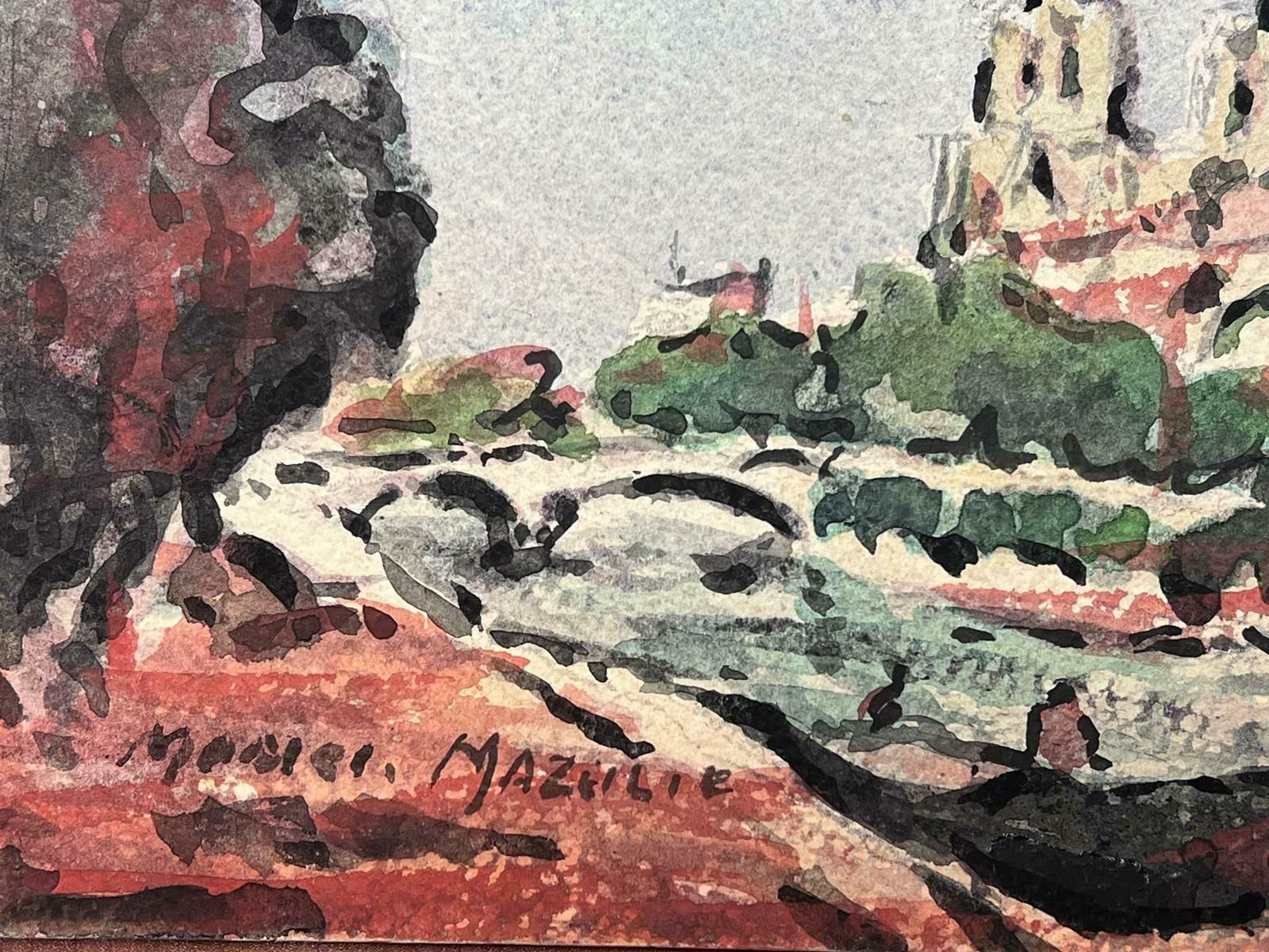 Maurice Mazeiliefrench Impressionist Watercolour Landscape Notre Damme Behind The River Seine photo for sale