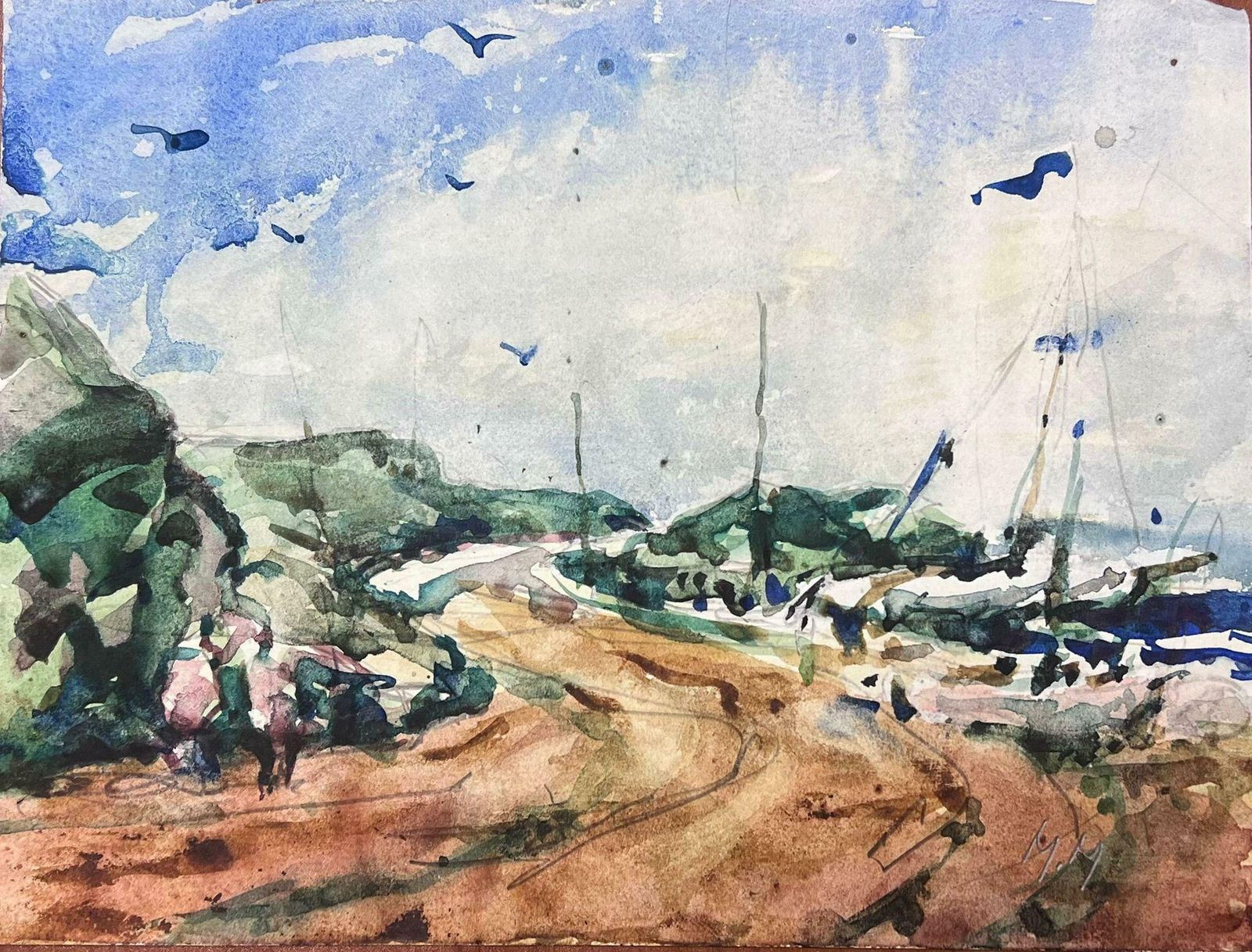 Maurice Mazeiliefrench Watercolour Landscape Sandy Path Along The Sailing Boat Harbour photo furniture