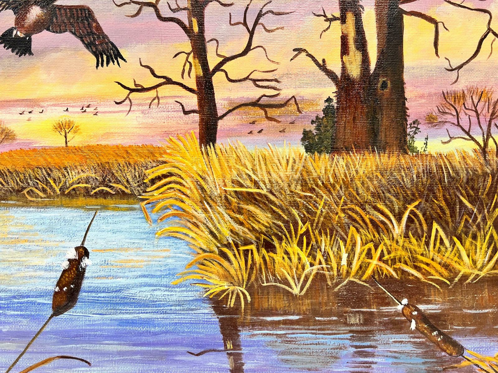 Ben Powellmallards In Flight Over Pond At Sunset Dusk Modern British Painting On Canvas photo Art