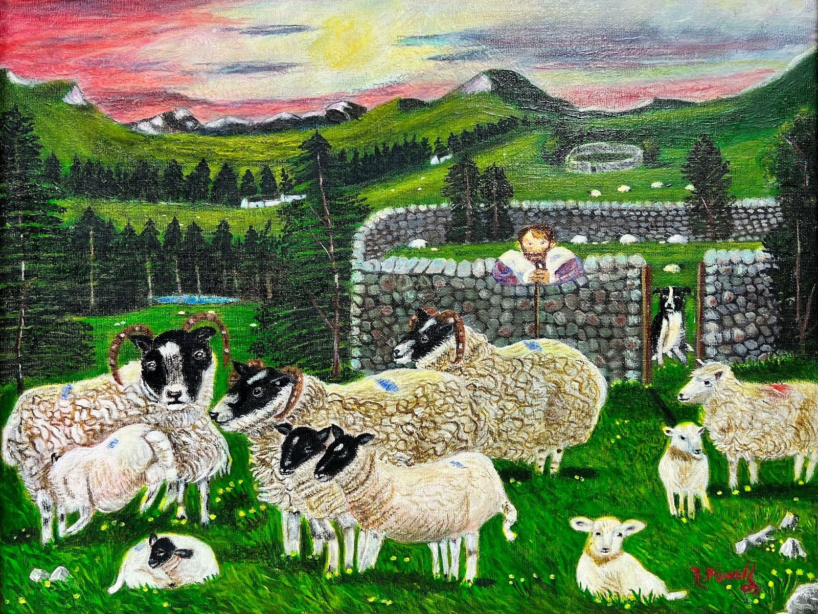 Ben Powellfarmer With Sheep & Dog In Valley Fields Contemporary British Painting