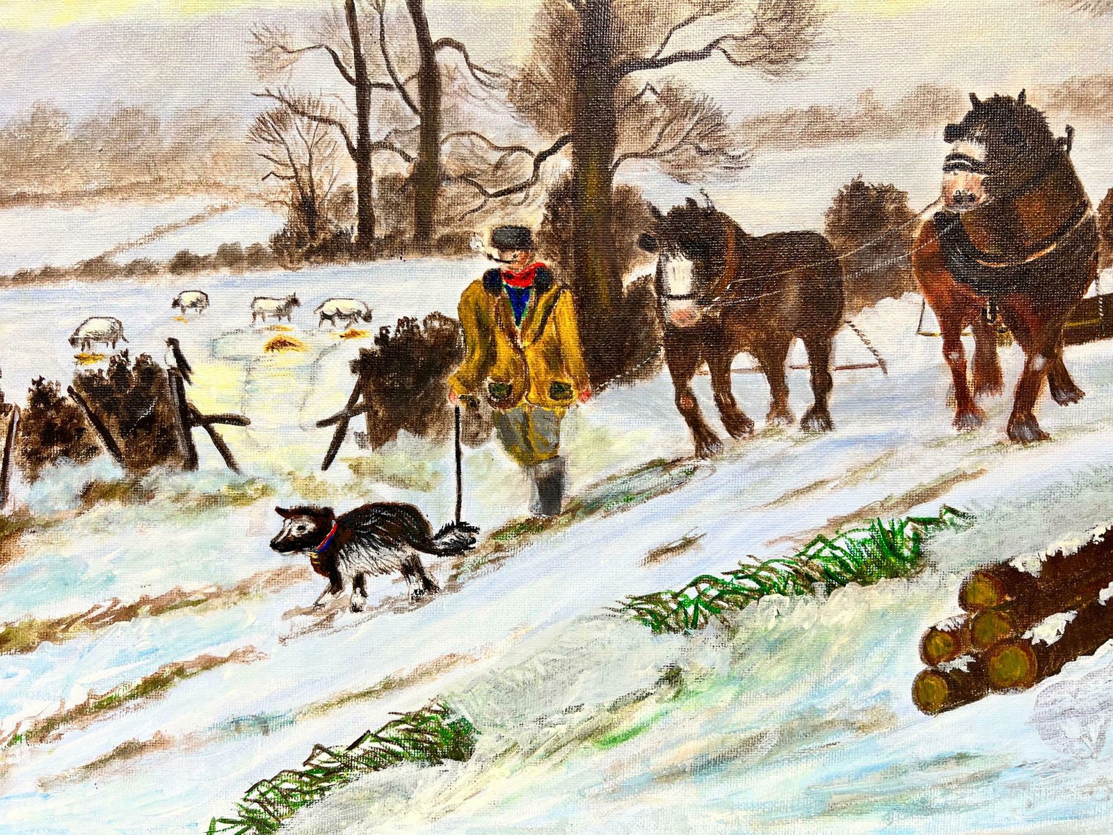 Ben Powellthe Logging Team Farmer With Heavy Horses Pulling Timber In Woodland Snow photo for sale