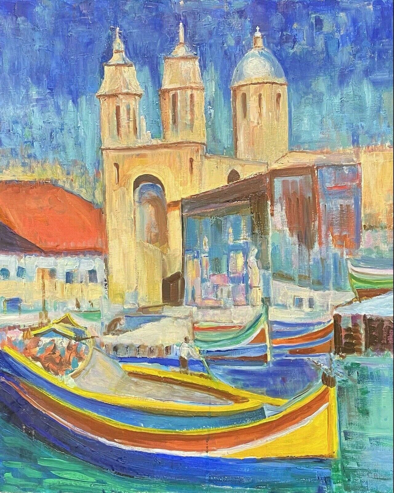 Claudine Ribouletclaudine Riboulet (French 1924 2013) Large Signed Oil   Boats On Busy City Canalmid Century