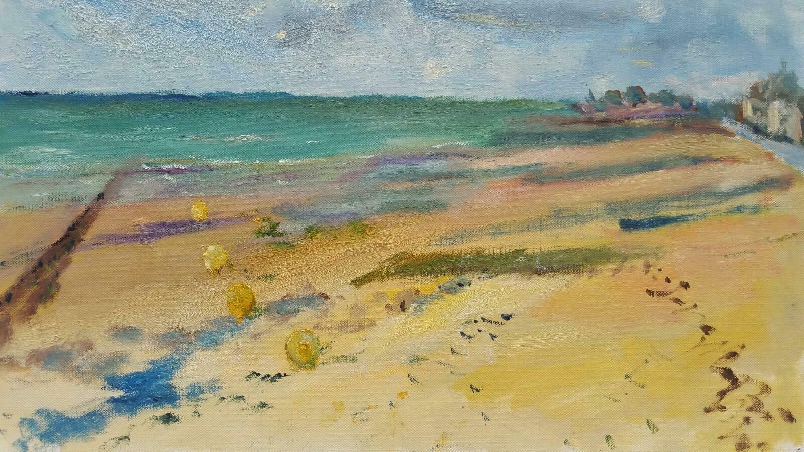 Unknown20th Century French Oil Painting Beach Walk On A Cool Daylate 20th Century