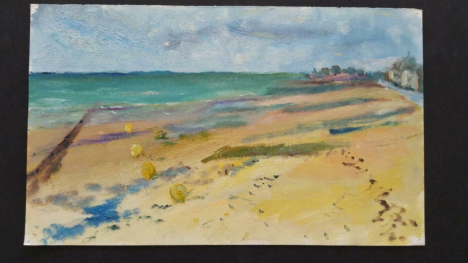 Unknown20th Century French Oil Painting Beach Walk On A Cool Daylate 20th Century photo furniture