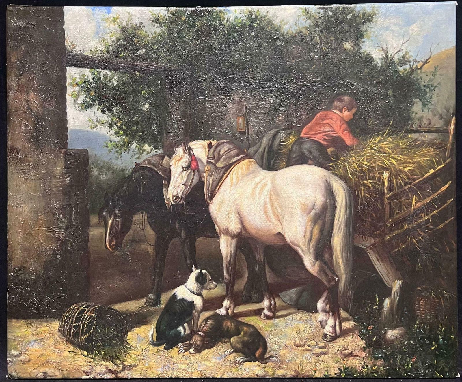 Continental Schoolfarm Yard Animals Horse & Dogs With Young Boy Large Oil Painting On Canvas20th Century photo furniture