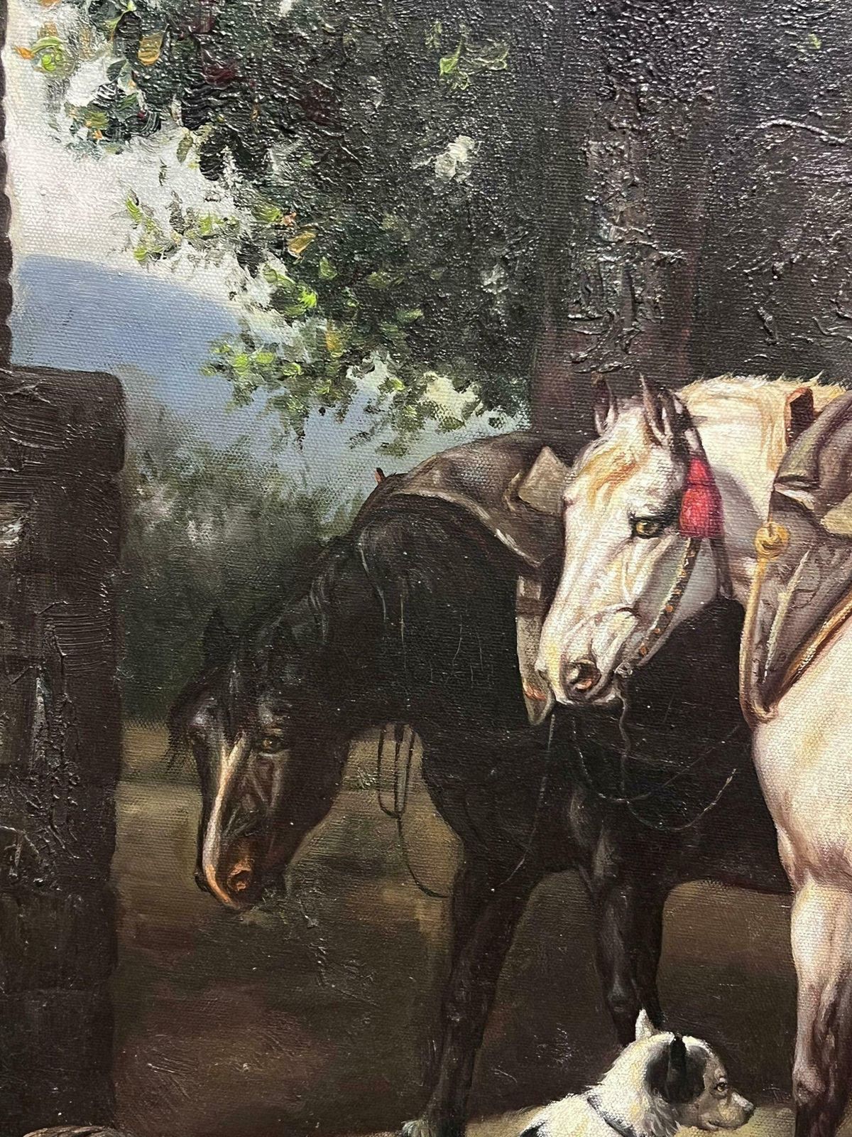 Continental Schoolfarm Yard Animals Horse & Dogs With Young Boy Large Oil Painting On Canvas20th Century photo for sale