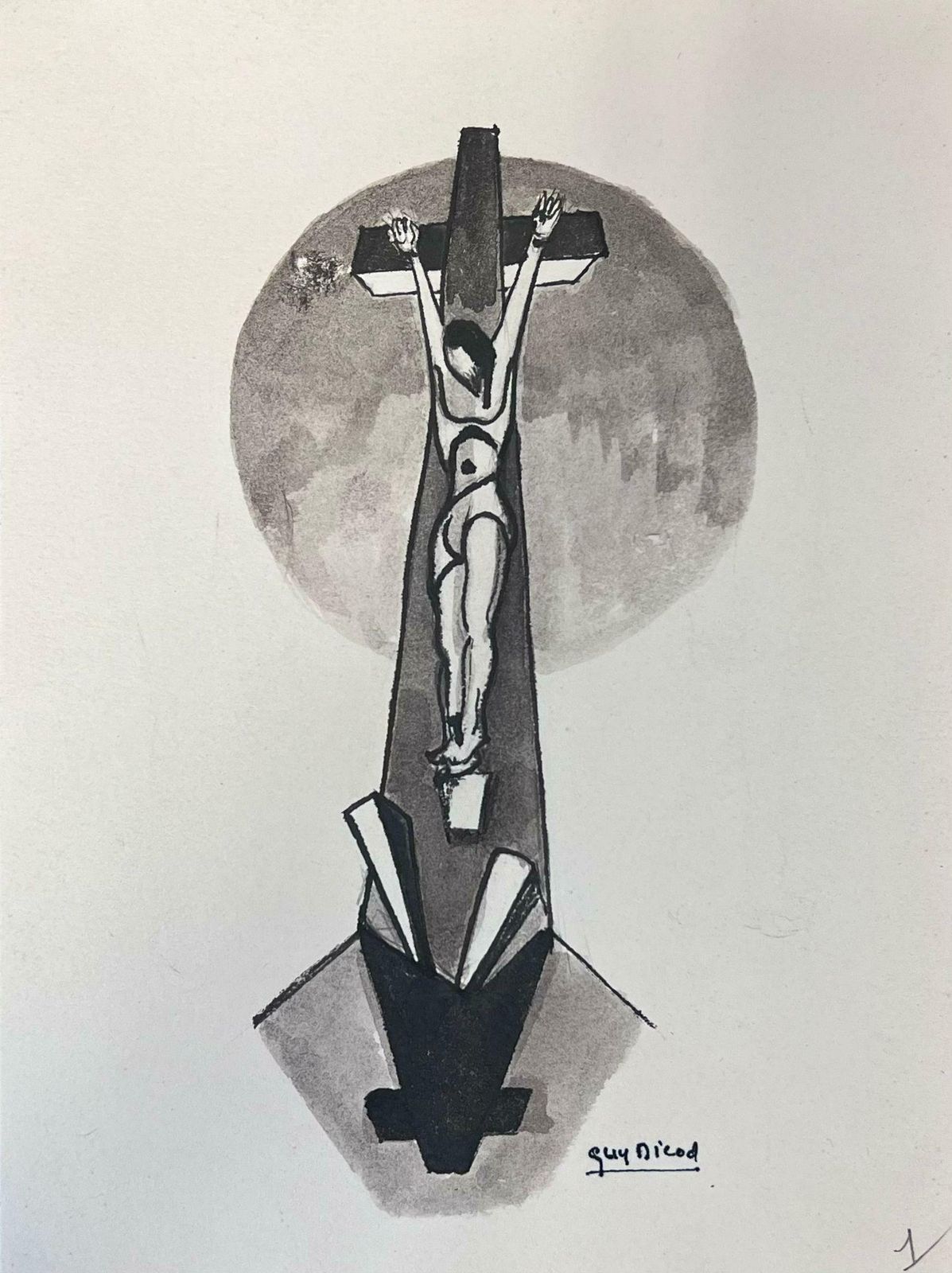 Guy Nicod 20th Century French Modernist Black & White Painting Jesus's Crucifixion
