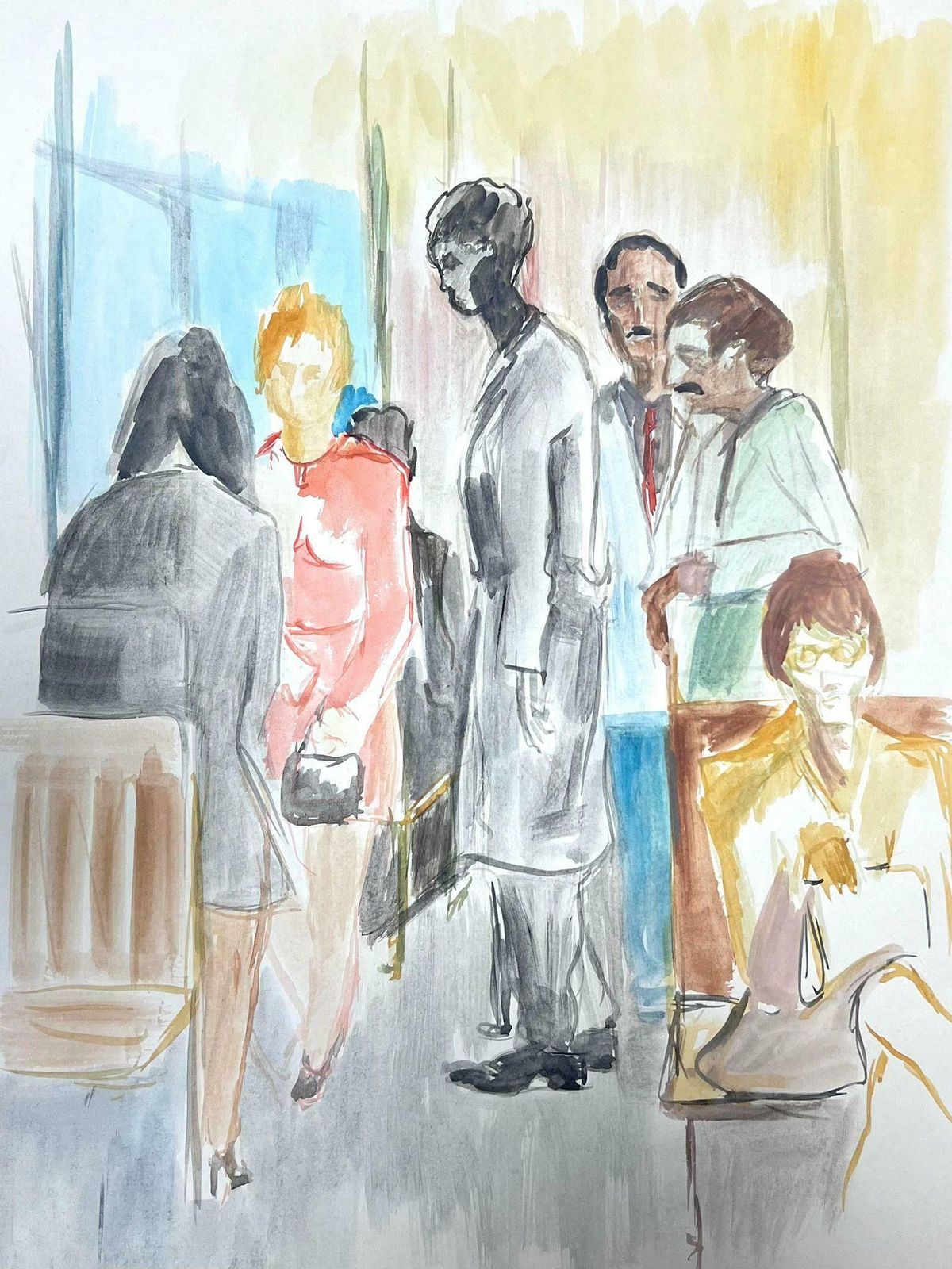 Guy Nicod 20th Century French Painting Figures In Waiting Room Watercolour