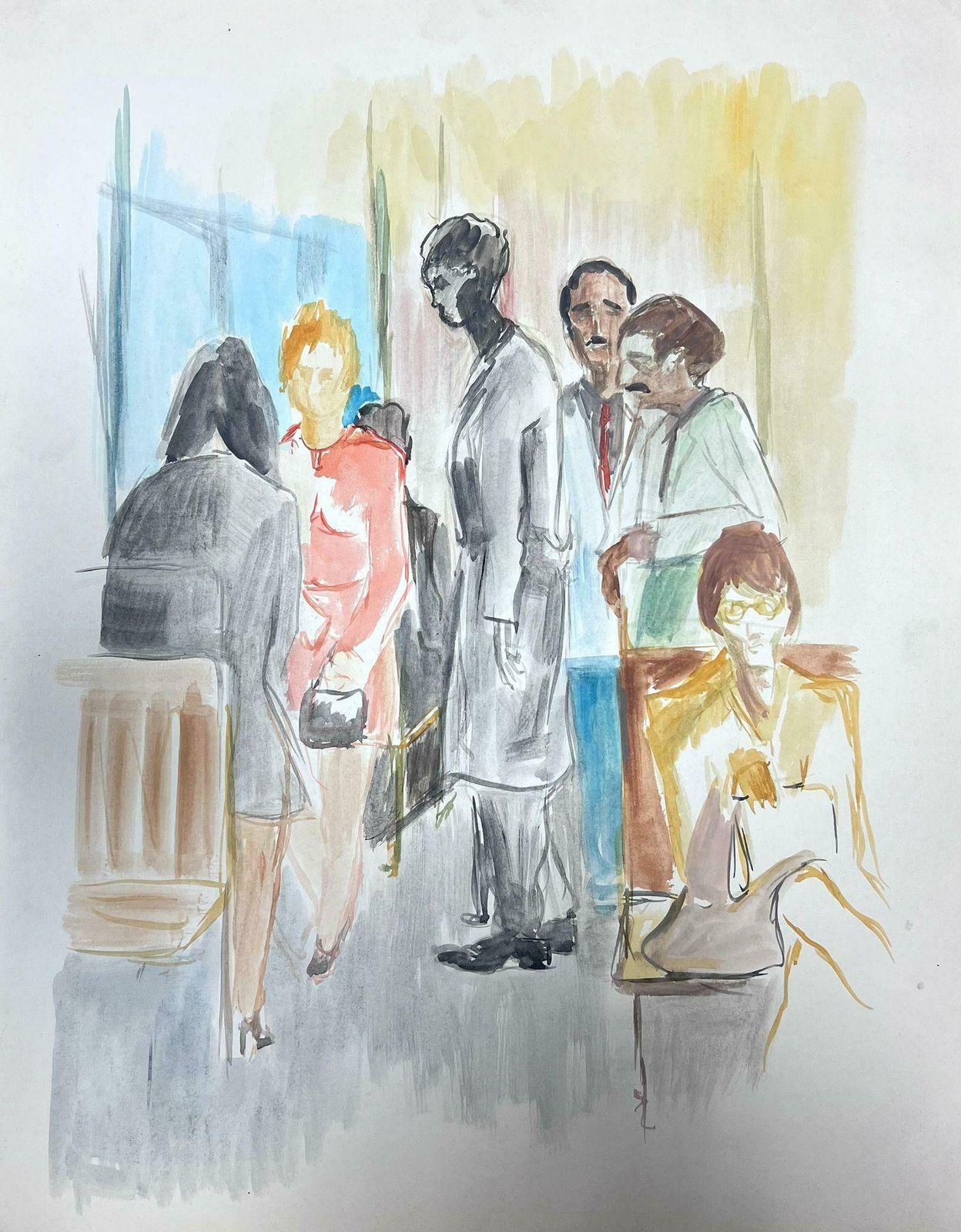 Guy Nicod 20th Century French Painting Figures In Waiting Room Watercolour photo furniture