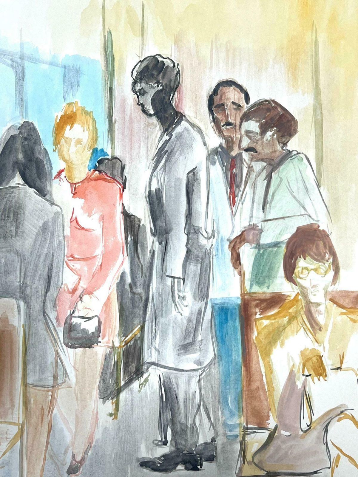 Guy Nicod 20th Century French Painting Figures In Waiting Room Watercolour photo 1025.0