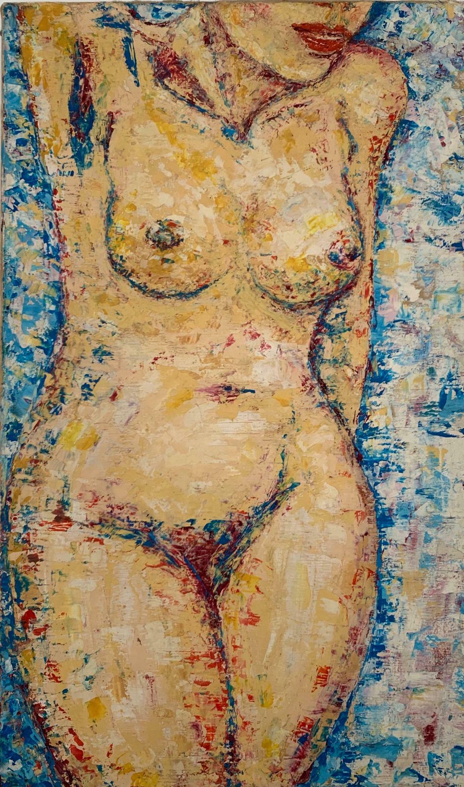 Unknown1970's French Post Impressionist Oil   Nude Lady Sunbathing Blue Backgroundc. 1970's