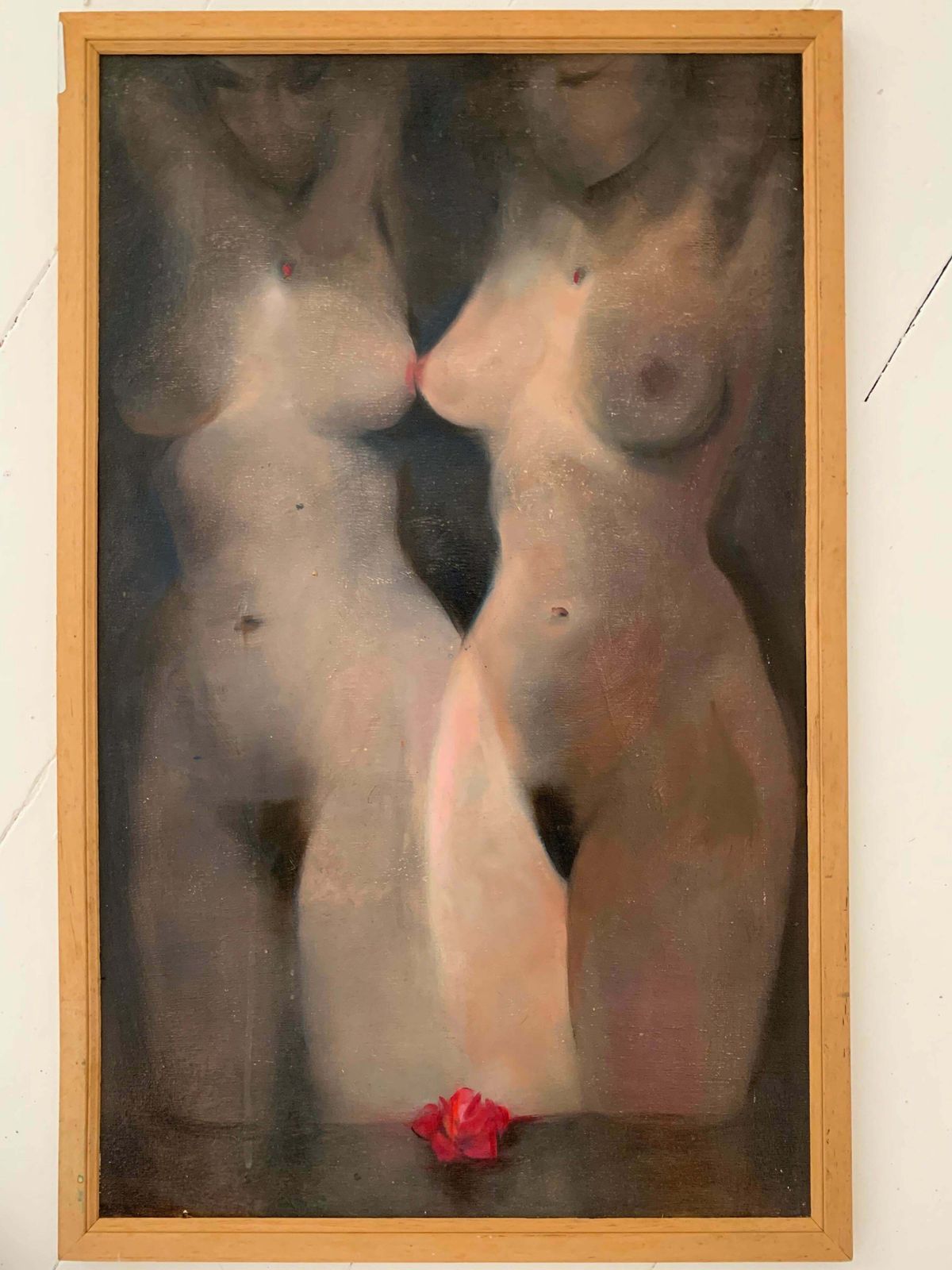 Unknownfrench Modernist 1970's Oil Painting Two Nude Females Beautiful Original Work photo furniture