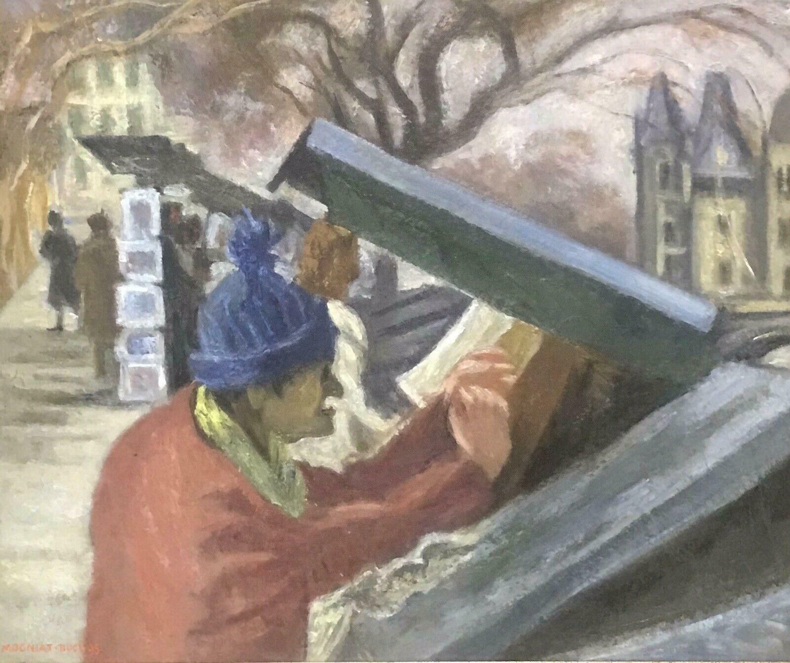 photo furniture Bertrand Mogniat Duclossigned French Post Impressionist Oil Painting Bouquinistes River Seine Parisc. 1970's