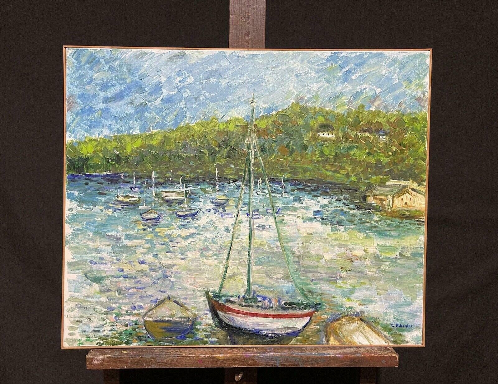 Claudine Ribouletclaudine Riboulet (French 1924 2013) Large Signed French Oil   Boats In Harbourmid Century photo furniture