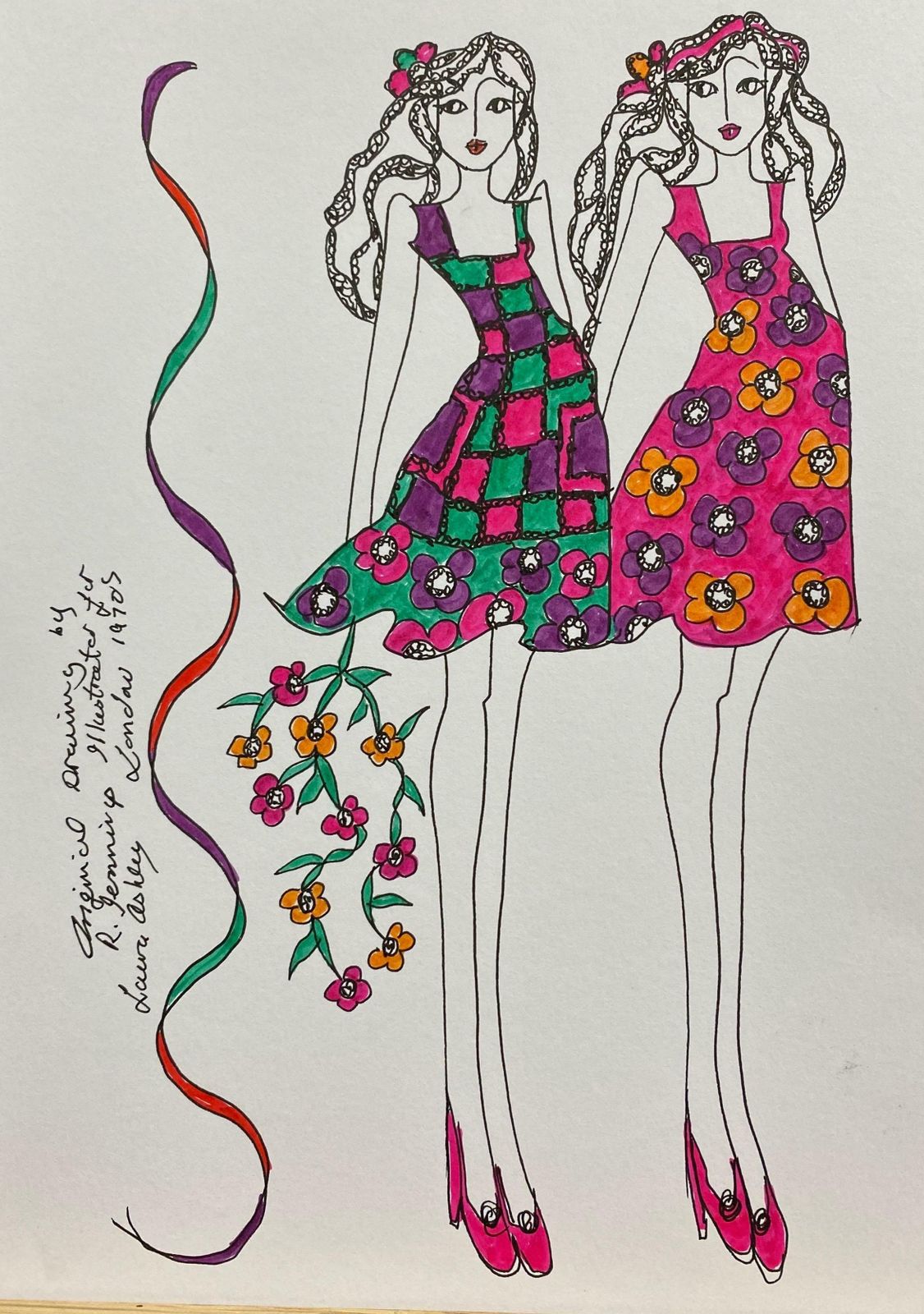 Roz Jenningsoriginal Fashion Design Illustration Watercolor Painting Laura Ashley Designerc. 2000's