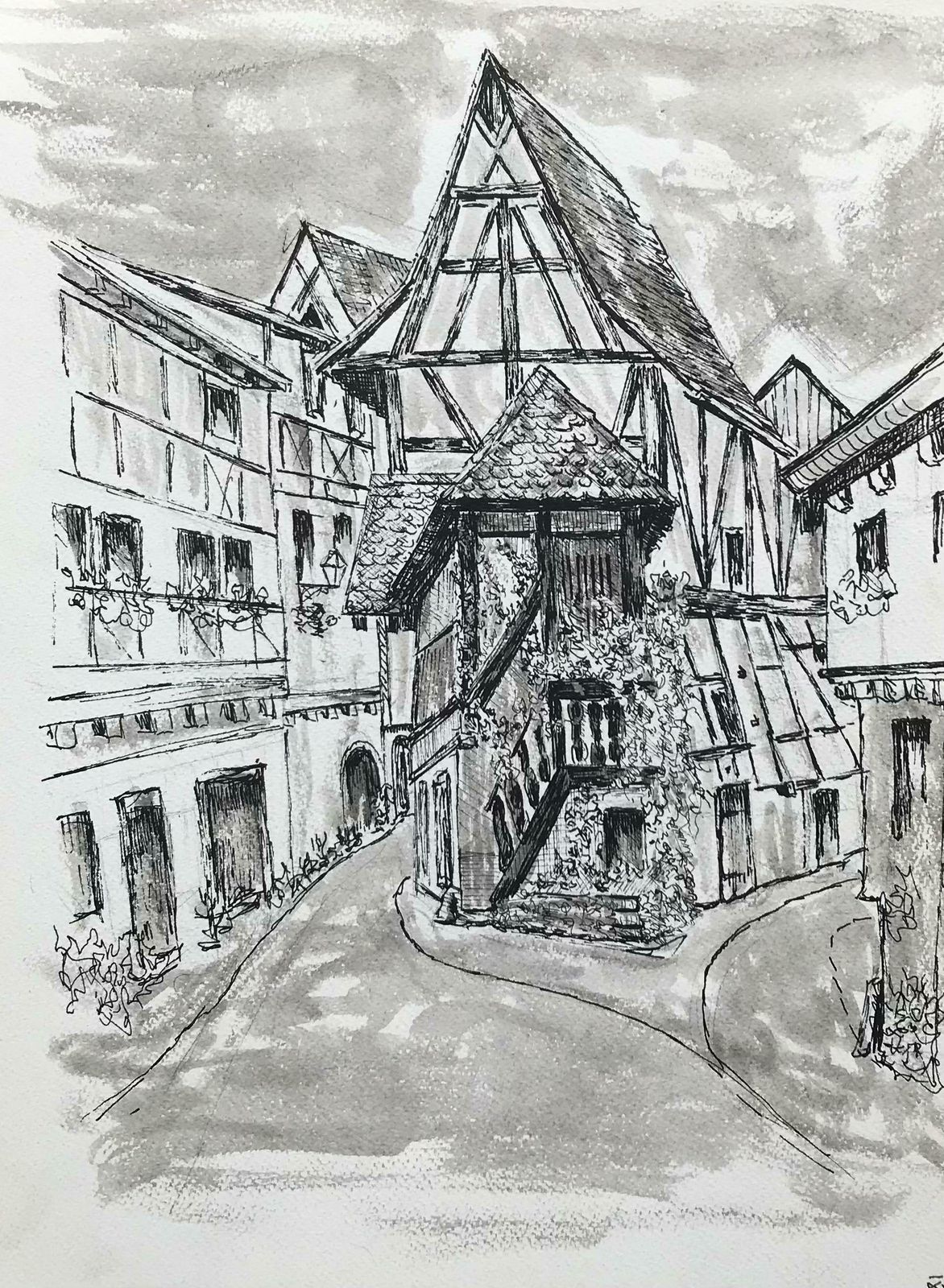 Bernard Labbe1950's Modernist/ Cubist Painting   Black And White French Buildings1950's
