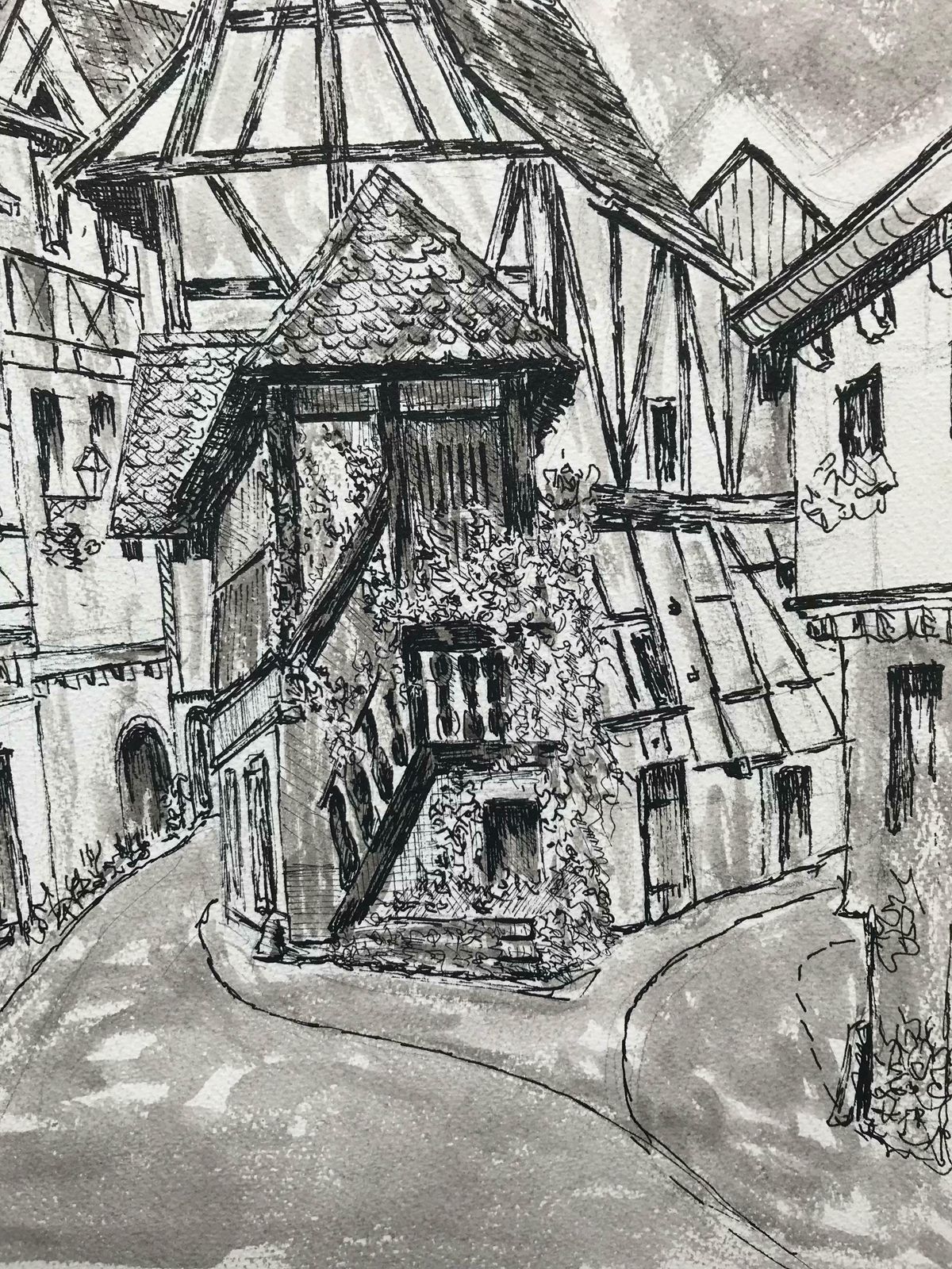 Bernard Labbe1950's Modernist/ Cubist Painting   Black And White French Buildings1950's photo 817.0
