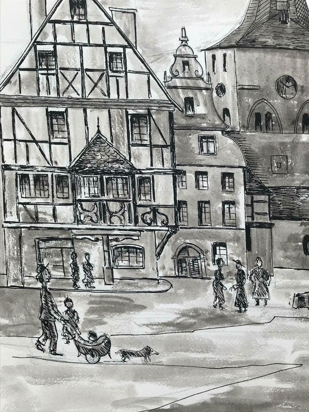 Bernard Labbe1950's Modernist/ Cubist Painting   Black And White French Town Scene1950's photo for sale