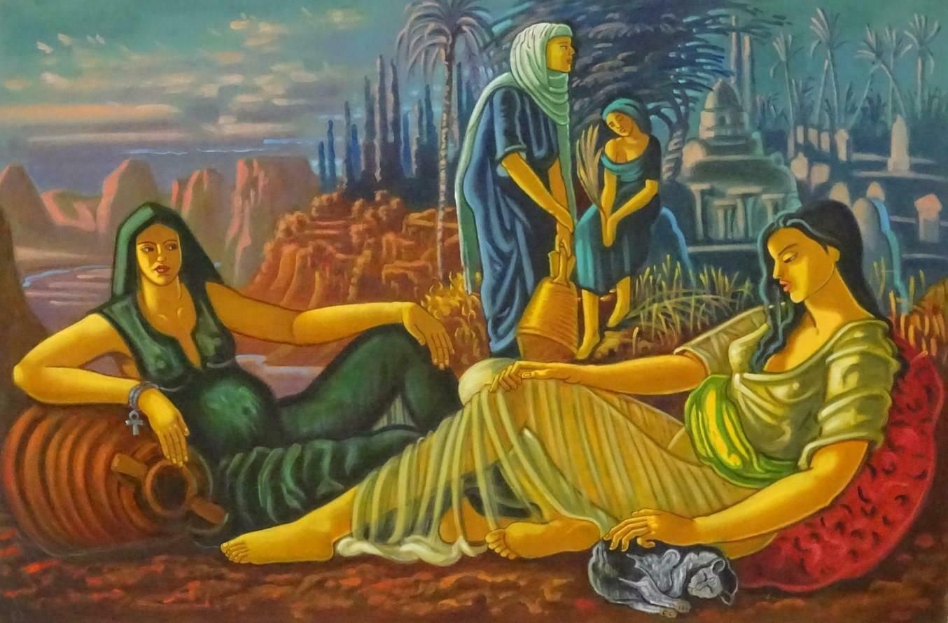 Richard Turnerclassical Maidens Eastern Landscape Huge British Surrealist Oil Painting C. 2003