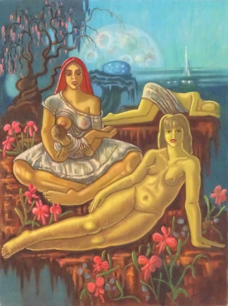 Richard Turnerthe Garden Of Eden Huge British Surrealist Oil Painting Reclining Nudesc. 2003