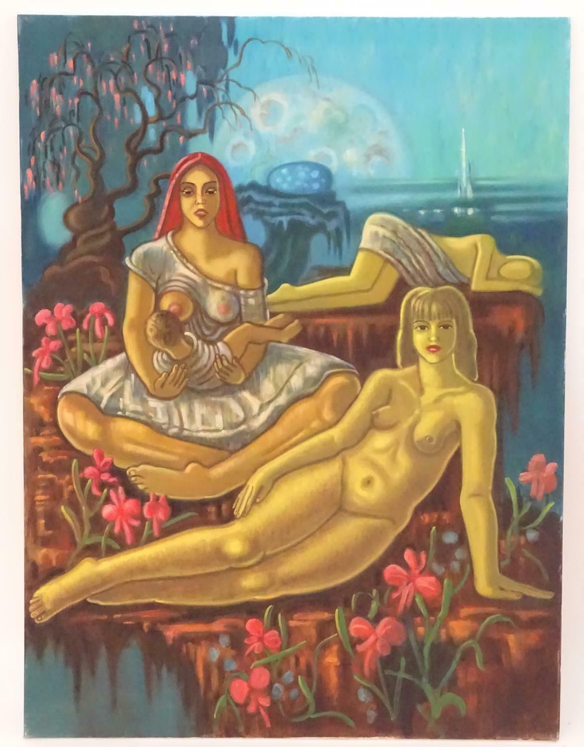Richard Turnerthe Garden Of Eden Huge British Surrealist Oil Painting Reclining Nudesc. 2003 photo furniture