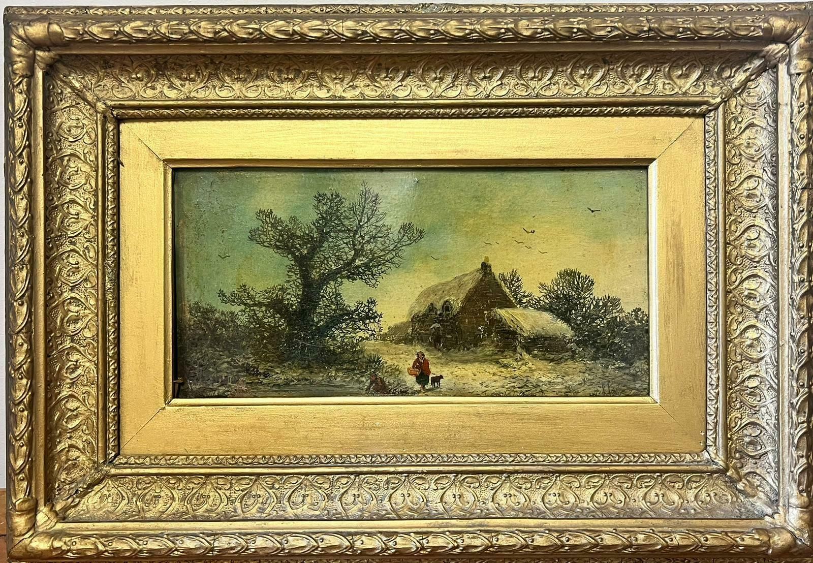 Victorian Schoolwinter Cottage Rural Lane Victorian English Oil Painting Antique Gilt Frame
