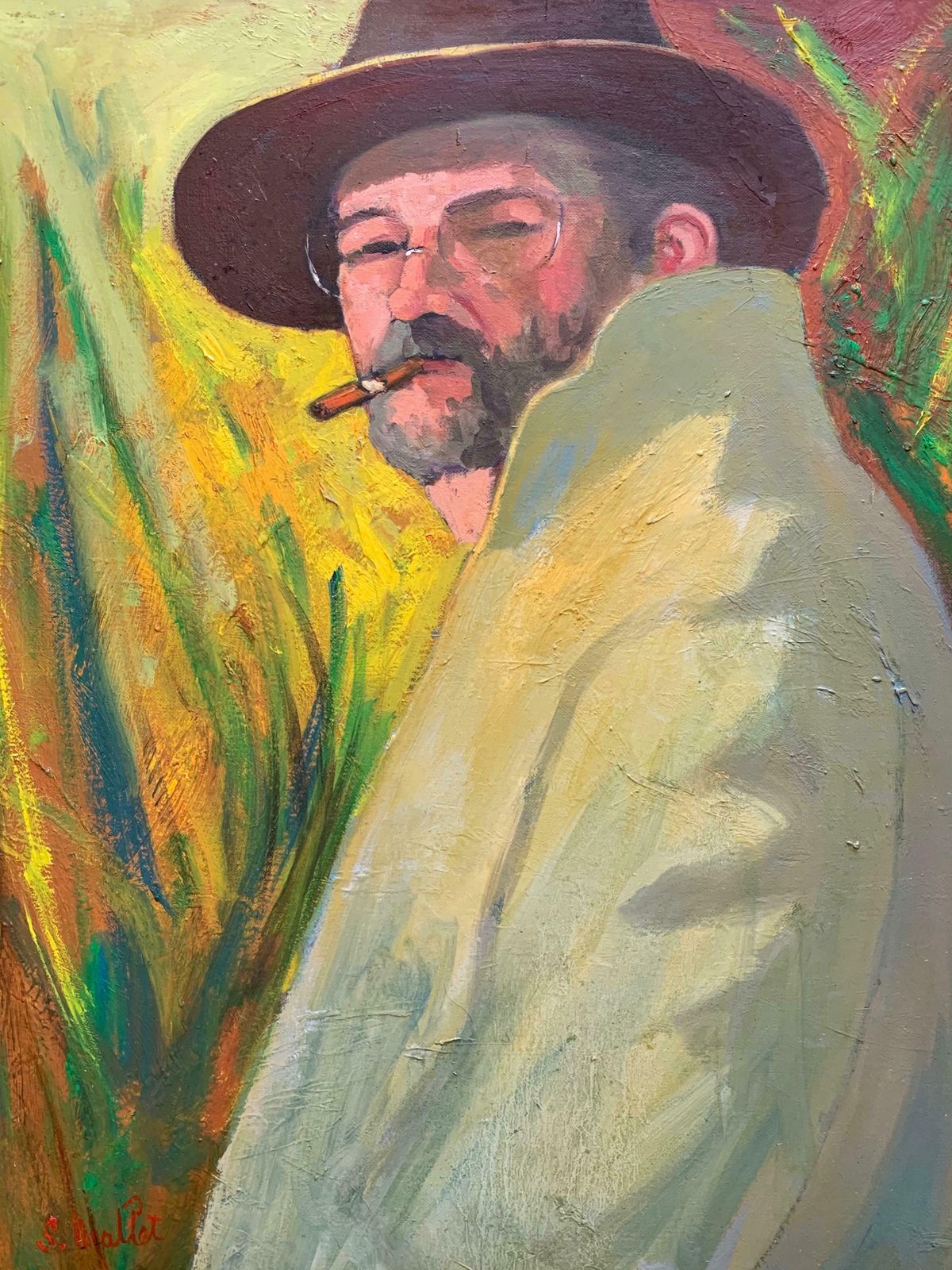 Serge Malletfrench Portrait Man In Hat Smoking Cigar Large Signed Oil Painting On Canvasc.1990