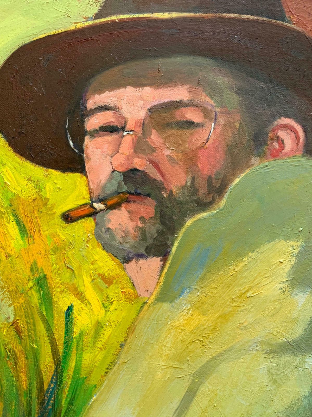 Serge Malletfrench Portrait Man In Hat Smoking Cigar Large Signed Oil Painting On Canvasc.1990 photo Art
