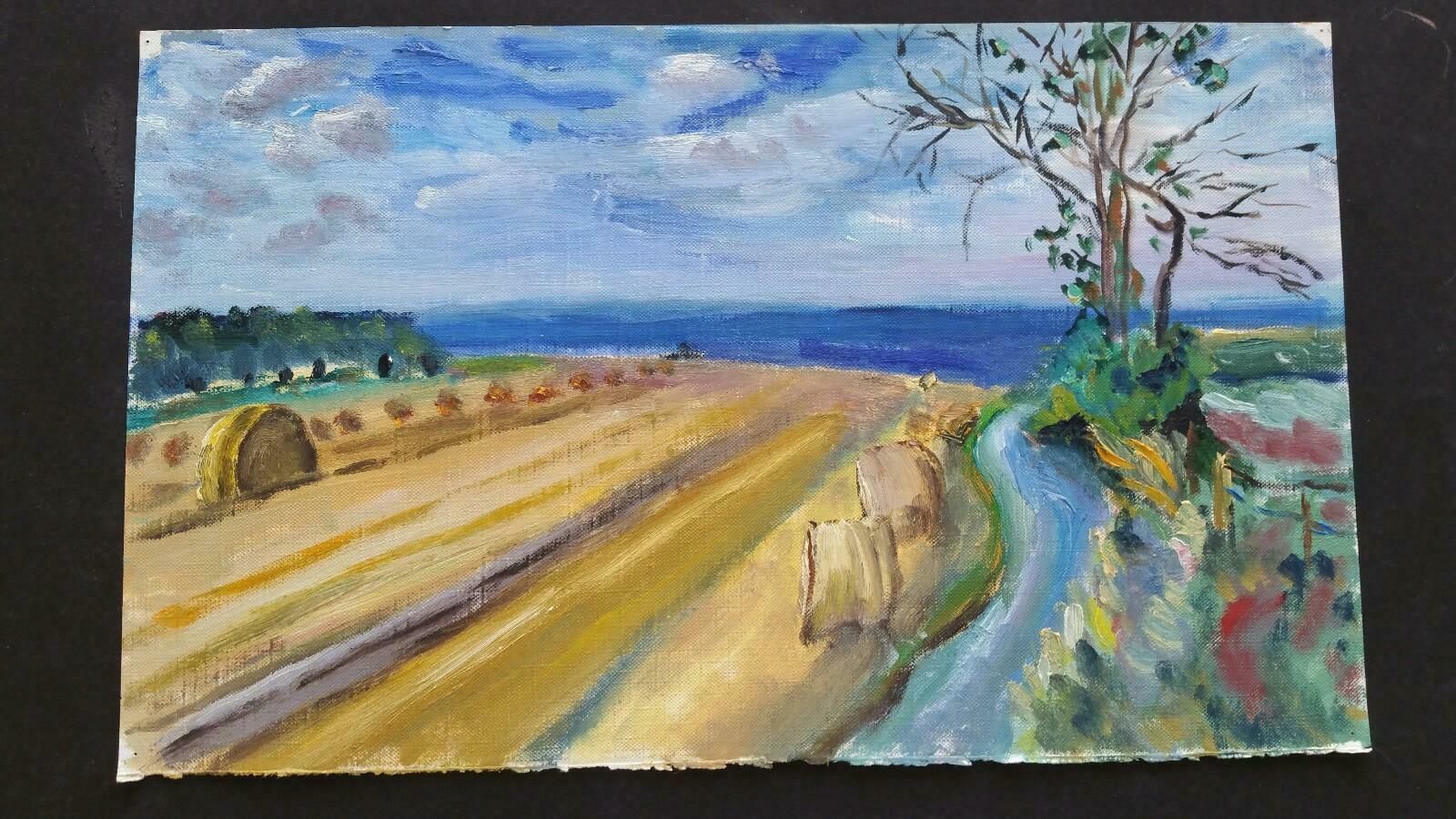 Unknown20th Century French Oil Painting Hay Rolls In A Coastal Field Blue Sealate 20th Century photo furniture