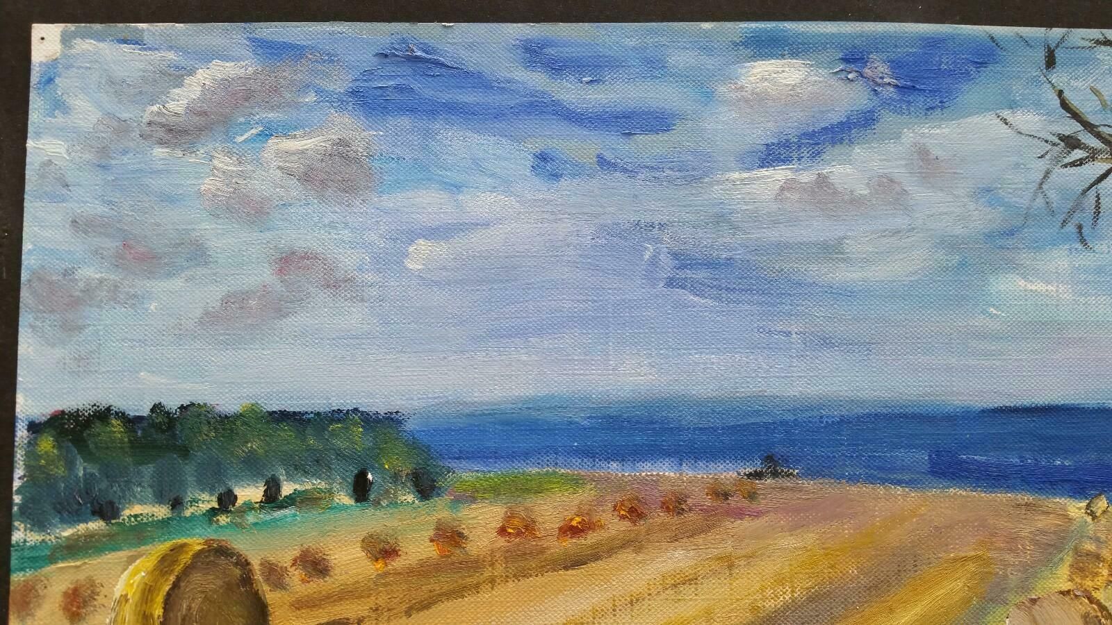 Unknown20th Century French Oil Painting Hay Rolls In A Coastal Field Blue Sealate 20th Century photo 710.0