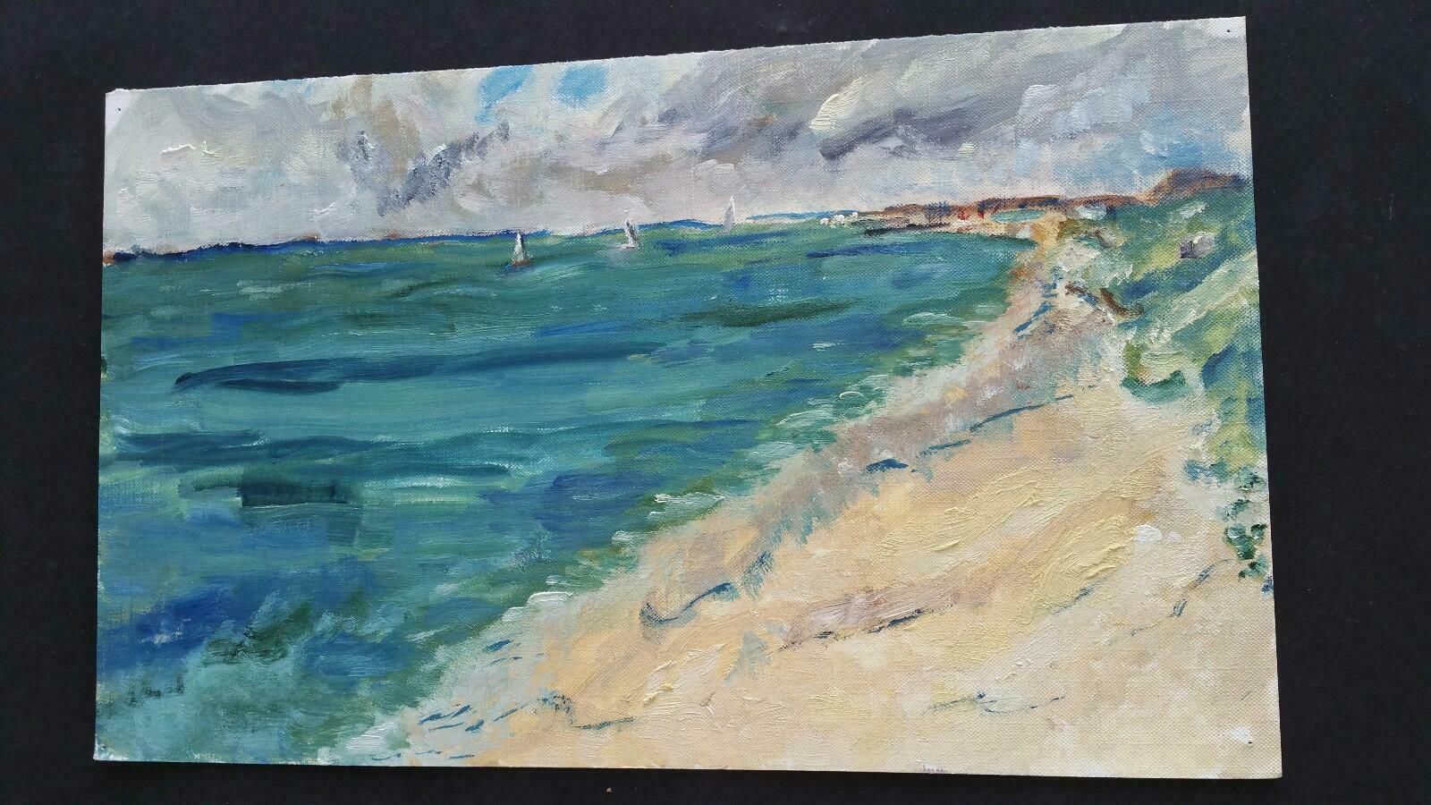 Unknown20th Century French Oil Painting A Summer Beach Blue Skieslate 20th Century photo for sale