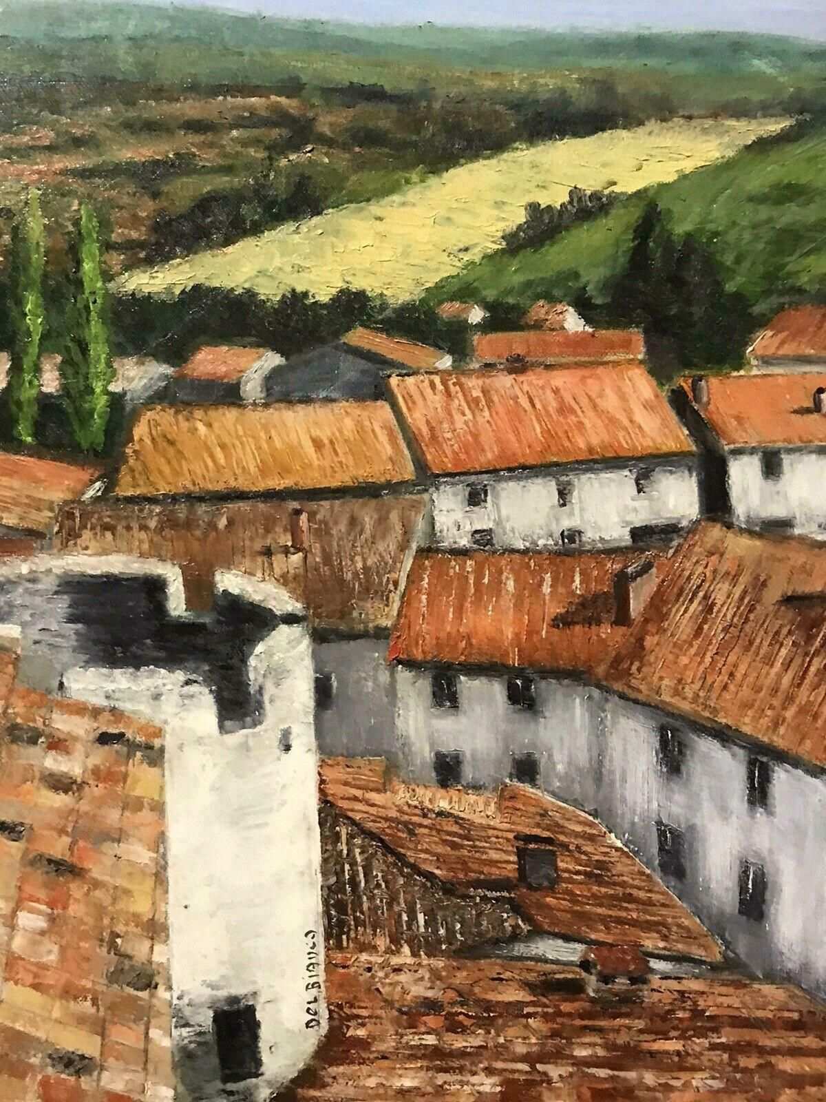 Louis Del Bianco (B.1925signed French Impressionist Oil View Over Provence Town Roof Tops & Fieldsc. 1980's photo furniture