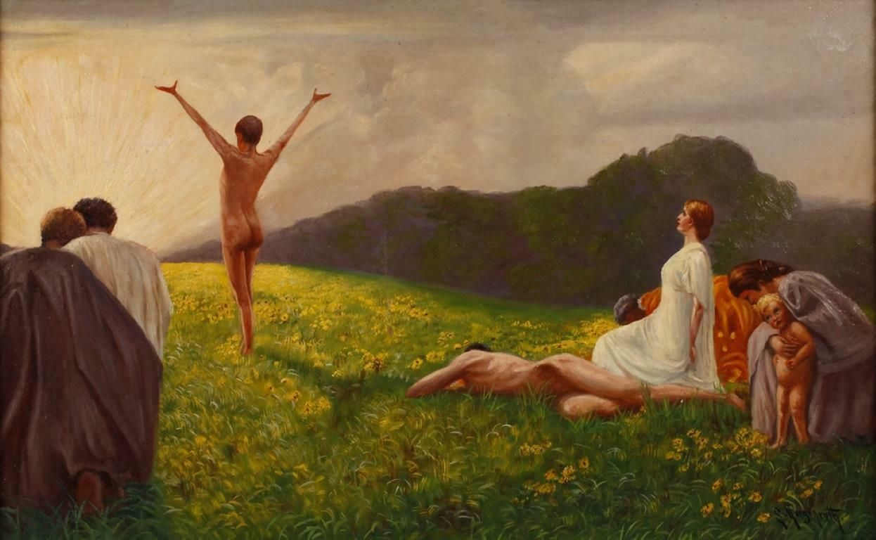 G. Morgenrothlarge 1930's German Oil Male Nude Standing Before Sunrise In Landscape1930's