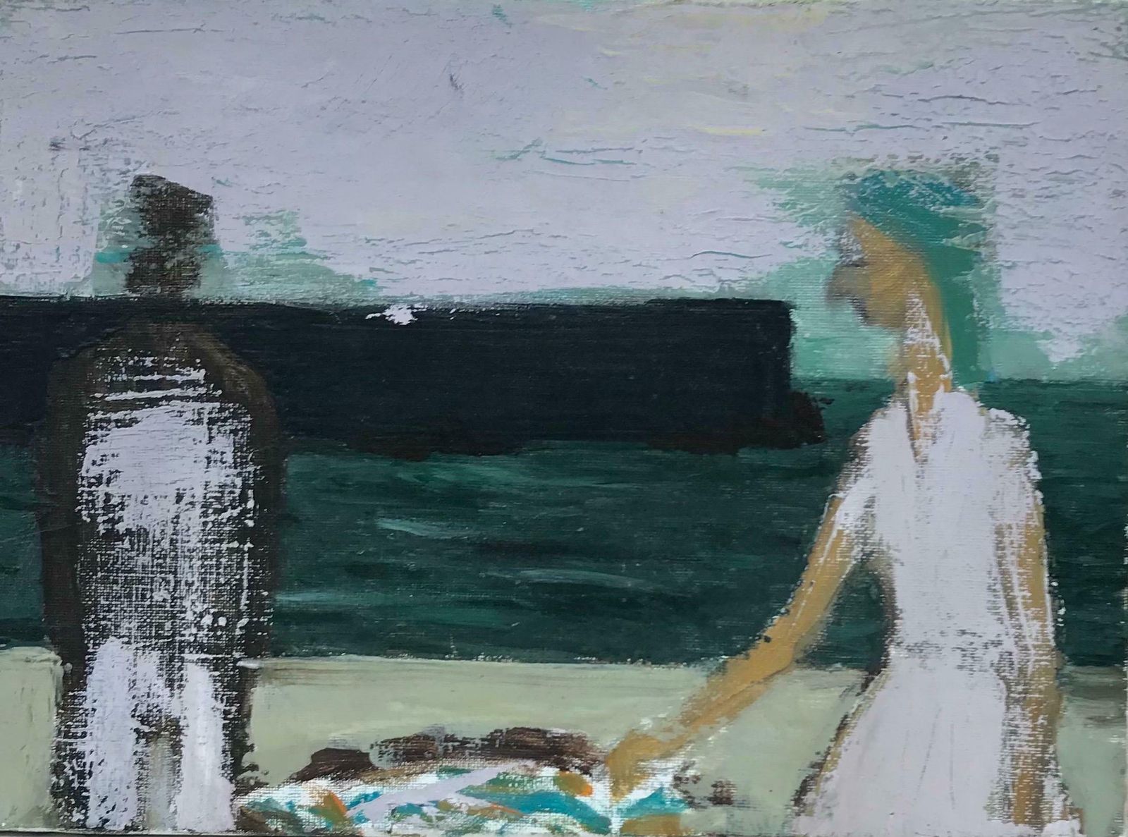 French School20th Century French Modernist Oil Two Figures On Beach With Sea & Jetty