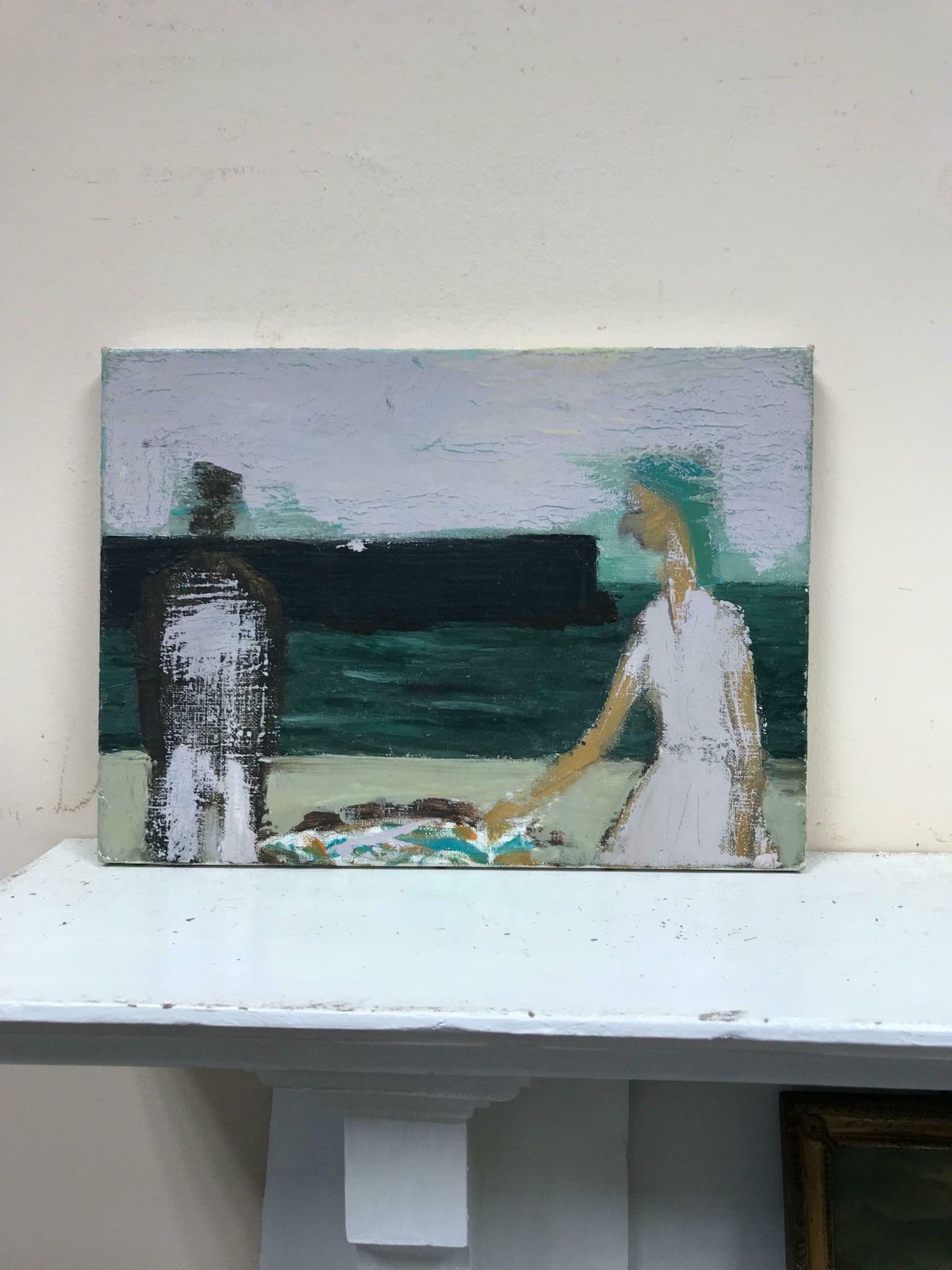 French School20th Century French Modernist Oil Two Figures On Beach With Sea & Jetty photo furniture
