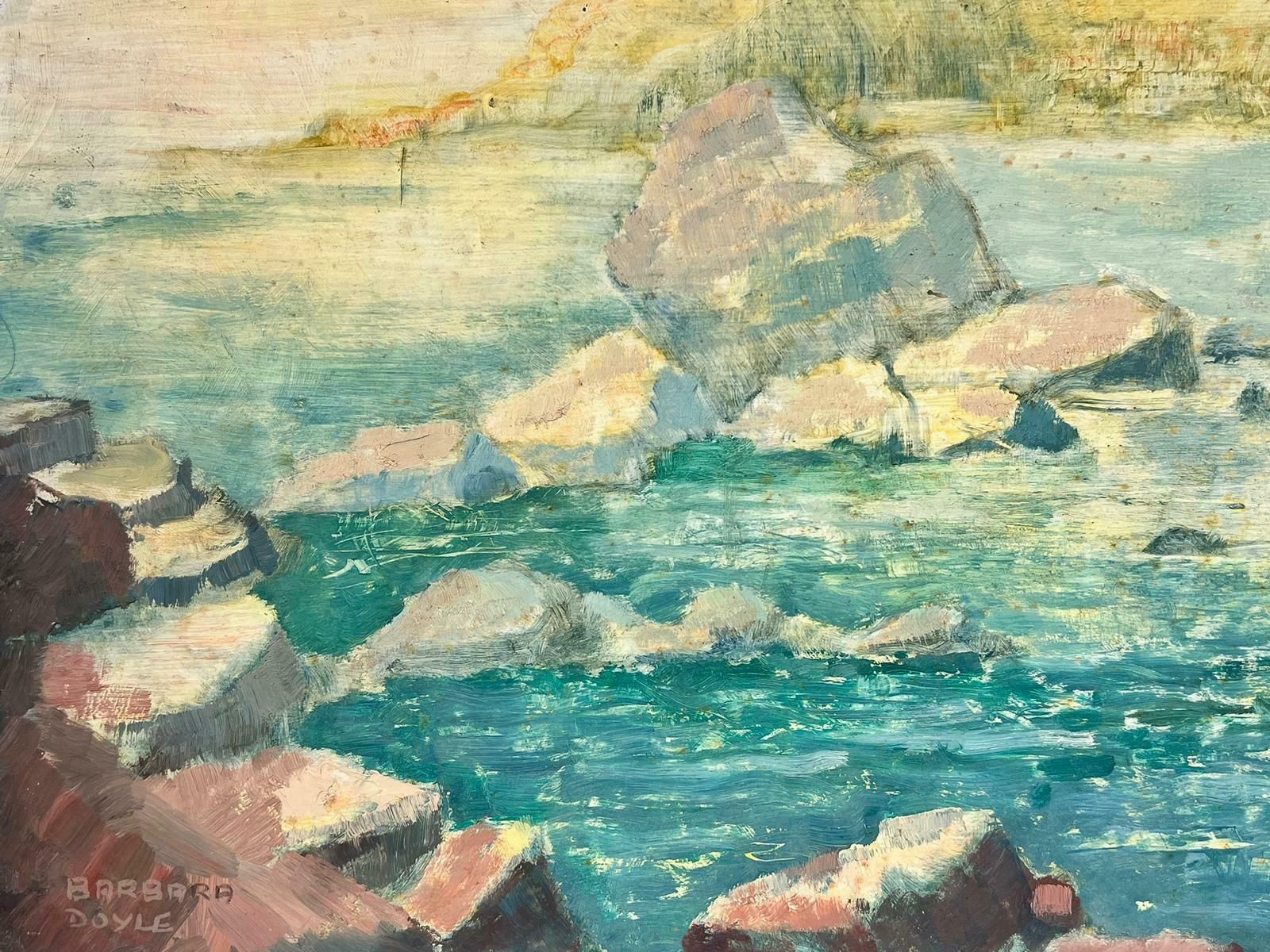 Barbera Doyle1970's Modern British Impressionist Oil Painting Spanish Coastal Blue Sea Rocksc. 1970's photo Art